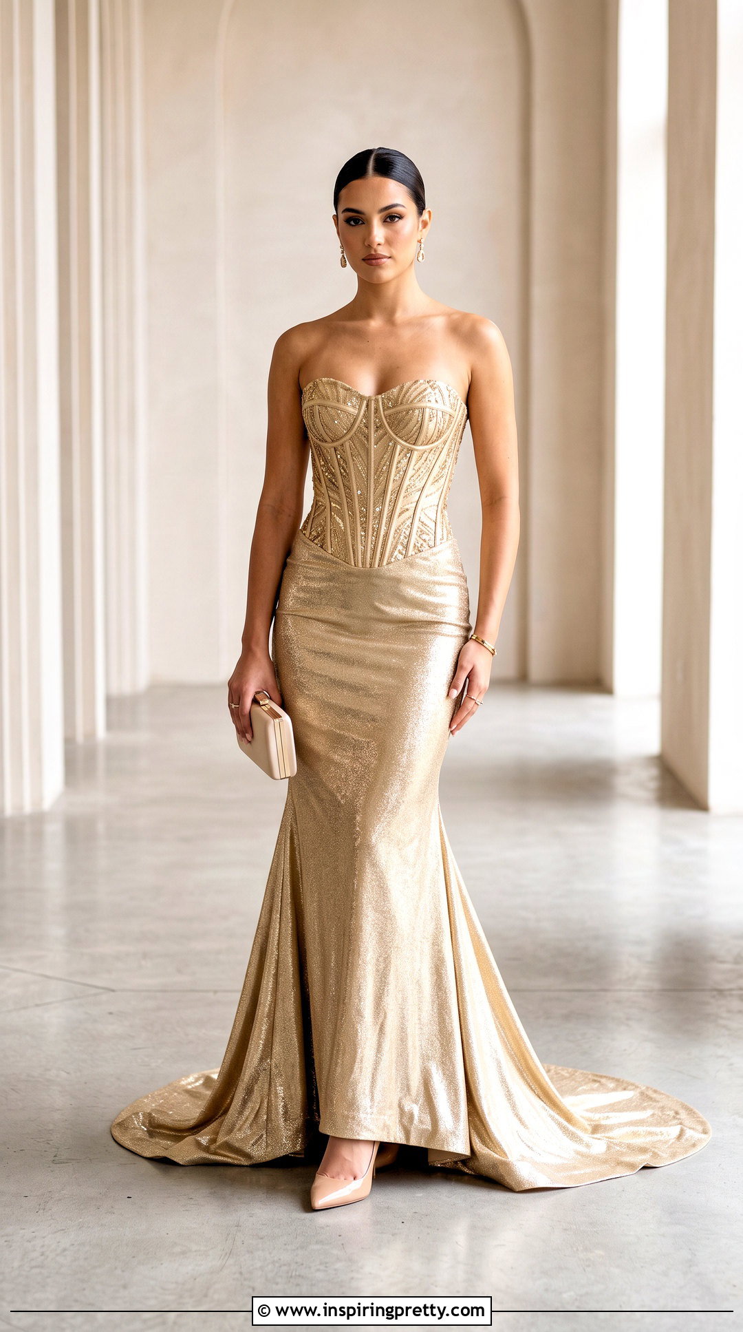 Gold Metallic Corset Top Fitted Prom Dress Outfit - 20 corset top fitted prom dress outfit ideas