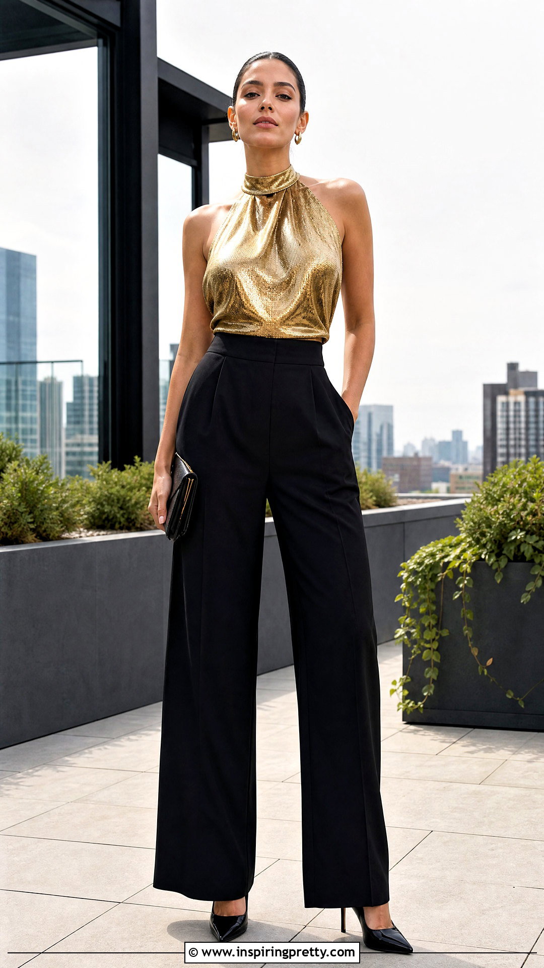 Gold Metallic Halter Top With Black Wide Leg Pants - 20 gold metallic halter top outfit ideas