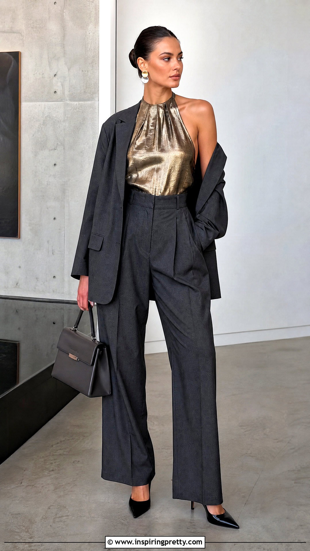 Gold Metallic Halter Top With Gray Suit Trousers - 20 gold metallic halter top outfit ideas