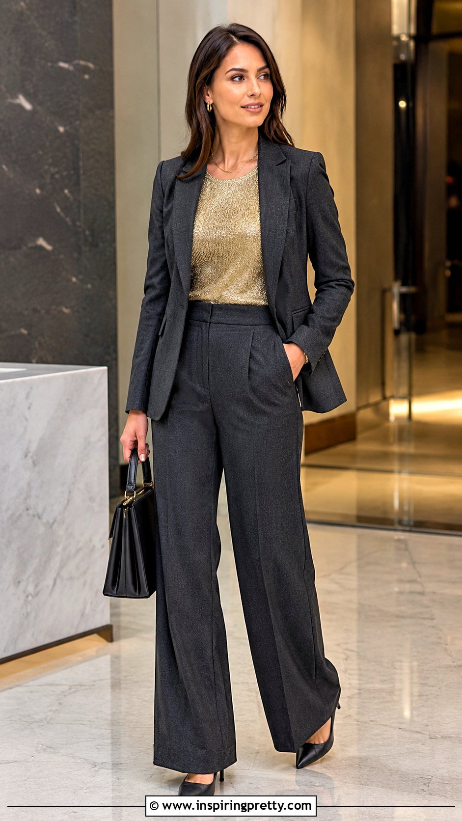 Gold Metallic Knit Top With Charcoal Suit - 25 Gold Formal Top outfit ideas