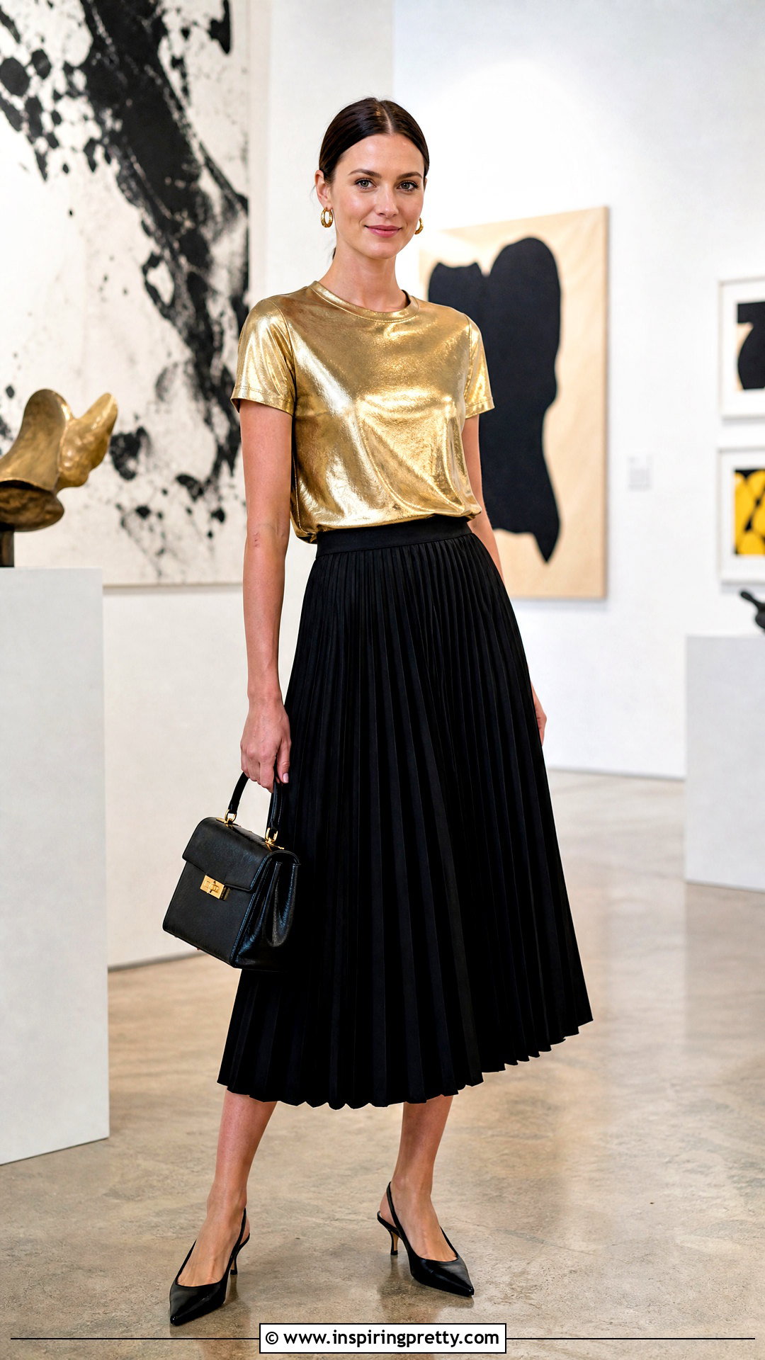 Gold Metallic T Shirt With Black Midi Skirt - 50 gold tops designs