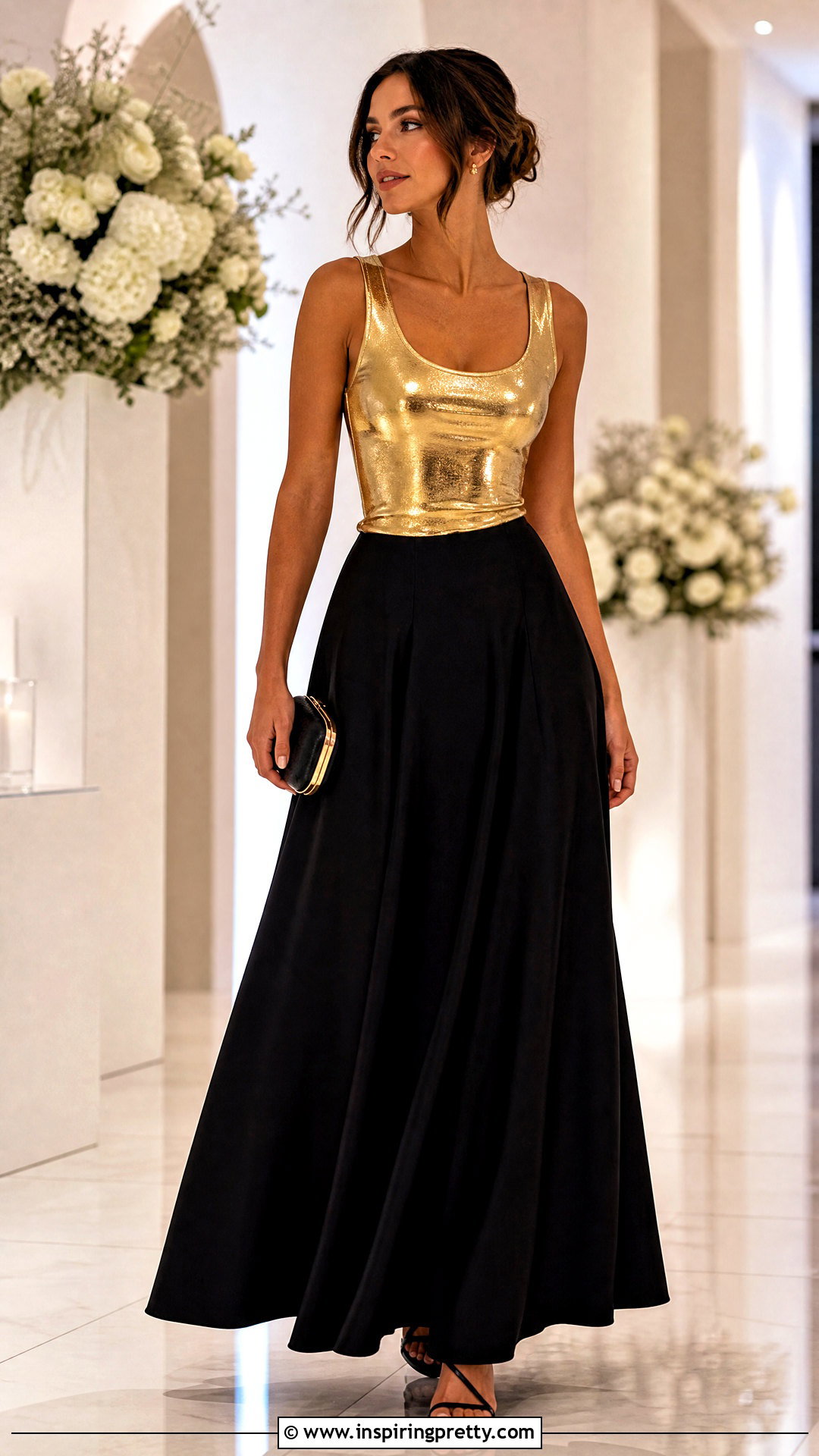 Gold Metallic Tank Top With Black Maxi Skirt - 20 gold metallic tank top outfit ideas