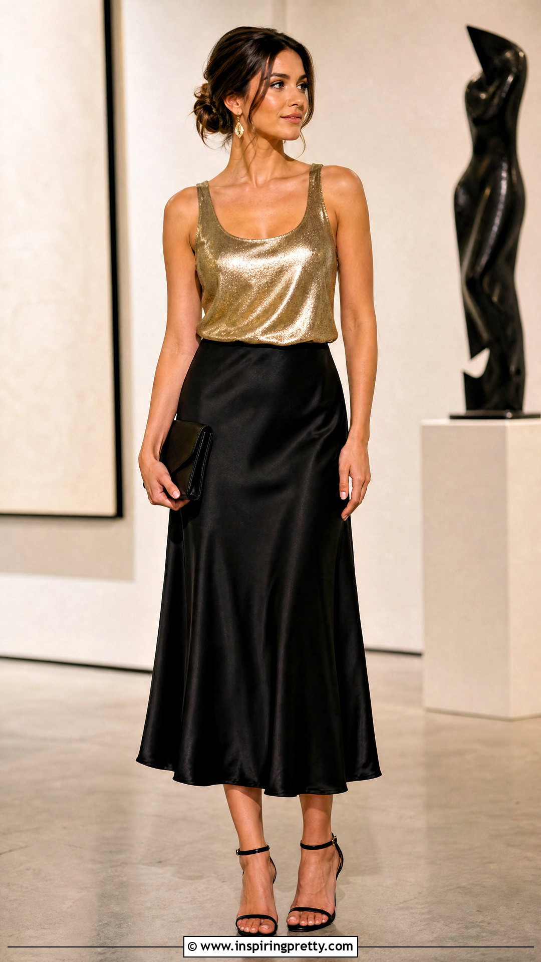 Gold Metallic Tank Top With Black Satin Midi Skirt - 20 gold metallic tank top outfit ideas