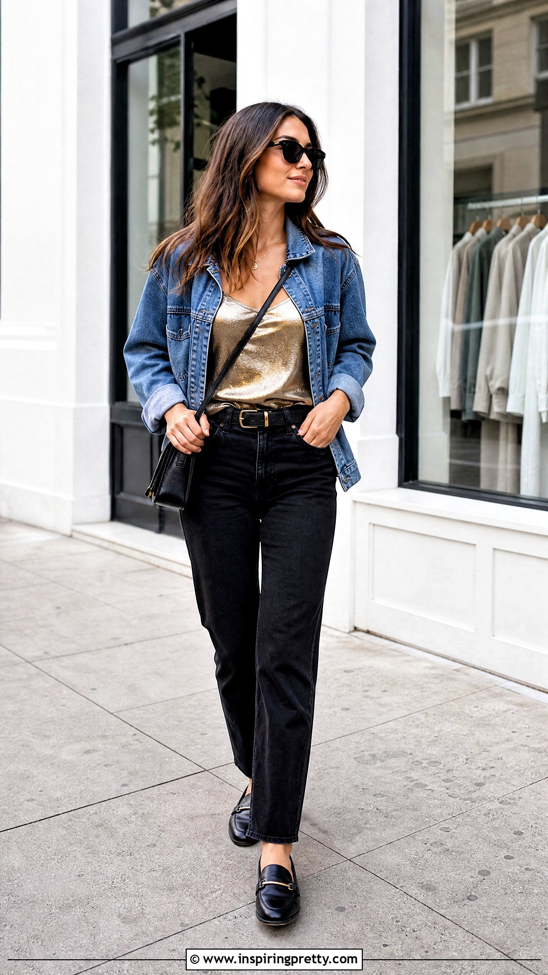 Gold Metallic Tank Top With Denim Jacket And Black Jeans - 20 gold metallic tank top outfit ideas