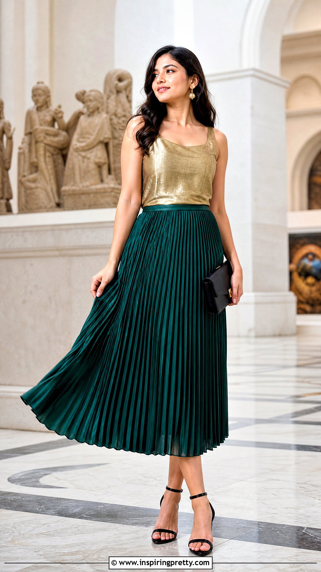 Gold Metallic Tank Top With Emerald Pleated Midi Skirt - 20 gold metallic tank top outfit ideas