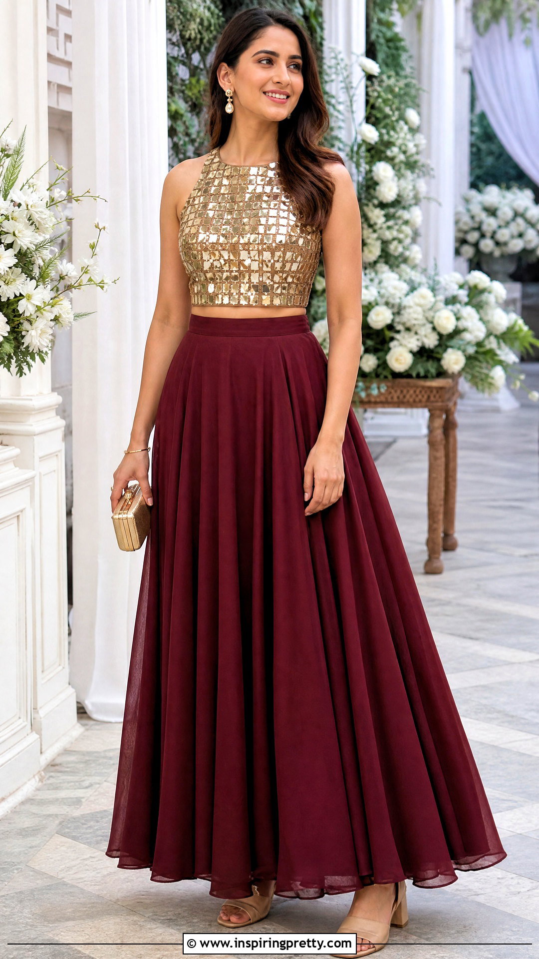 Gold Mirror Work Top With Solid Maxi Skirt - 50 gold tops designs
