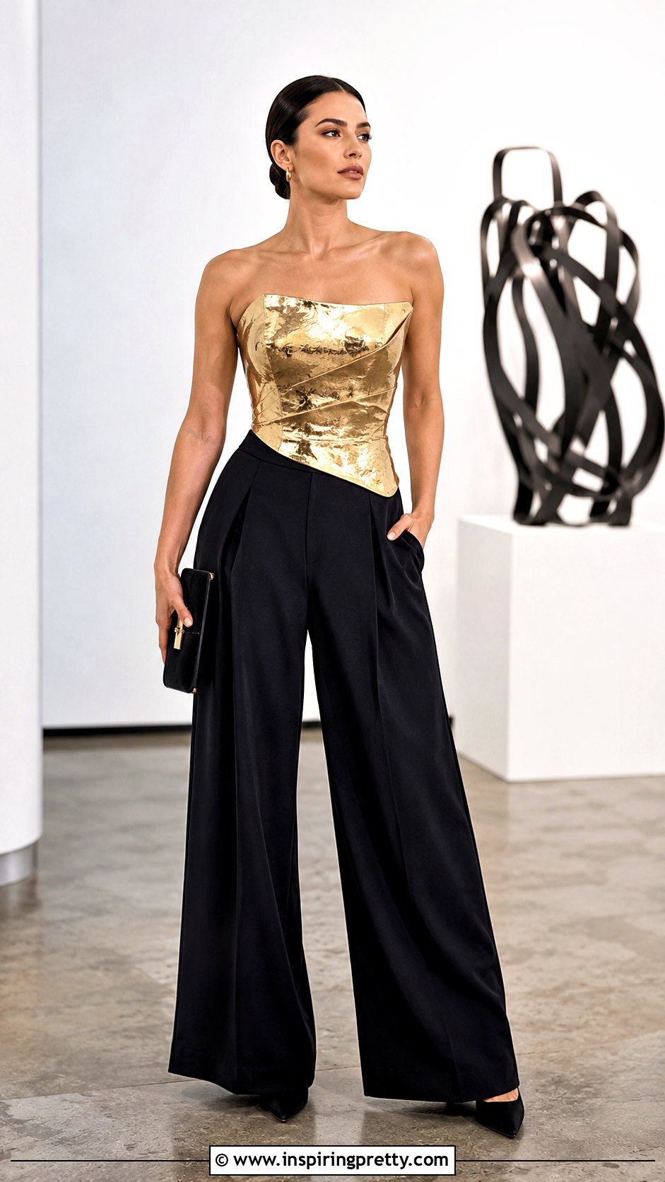 Gold Molded Top With Black Wide Leg Pants - 20 Gold Molded Top outfit ideas