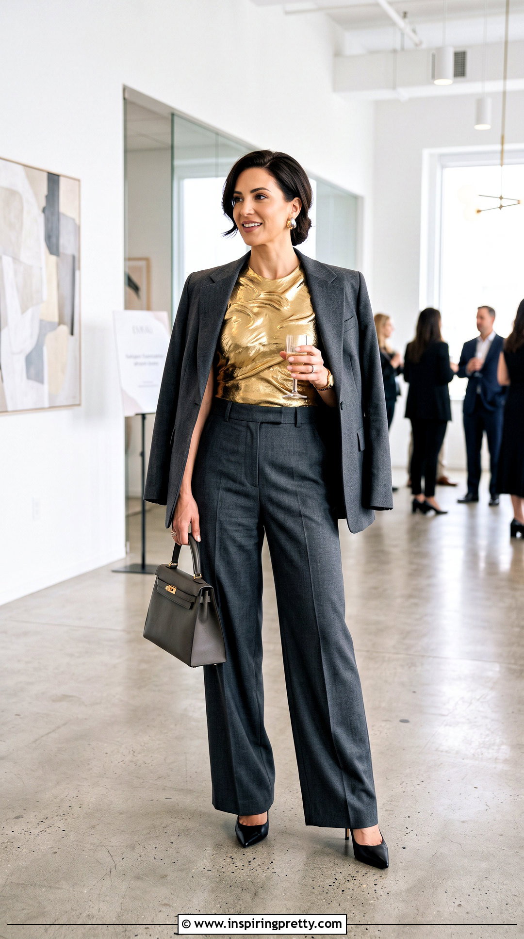 Gold Molded Top With Gray Tailored Pants - 20 Gold Molded Top outfit ideas