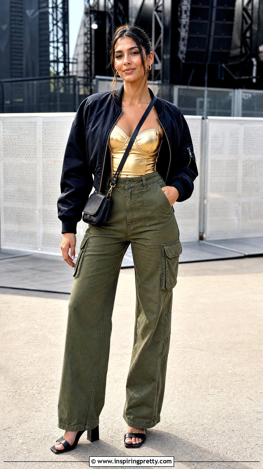 Gold Molded Top With Olive Cargo Pants - 20 Gold Molded Top outfit ideas