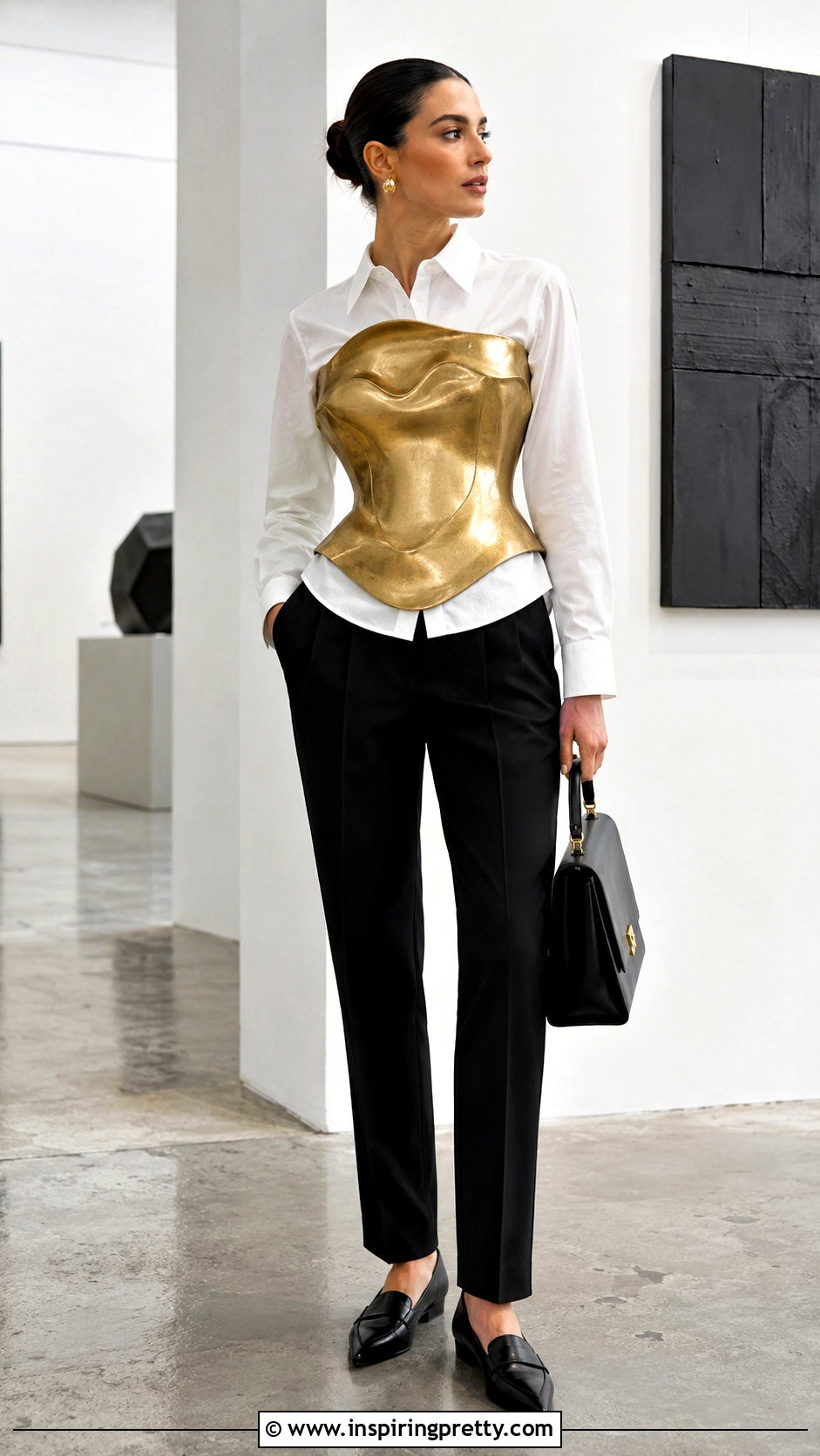 Gold Molded Top With White Button Down Shirt - 20 Gold Molded Top outfit ideas