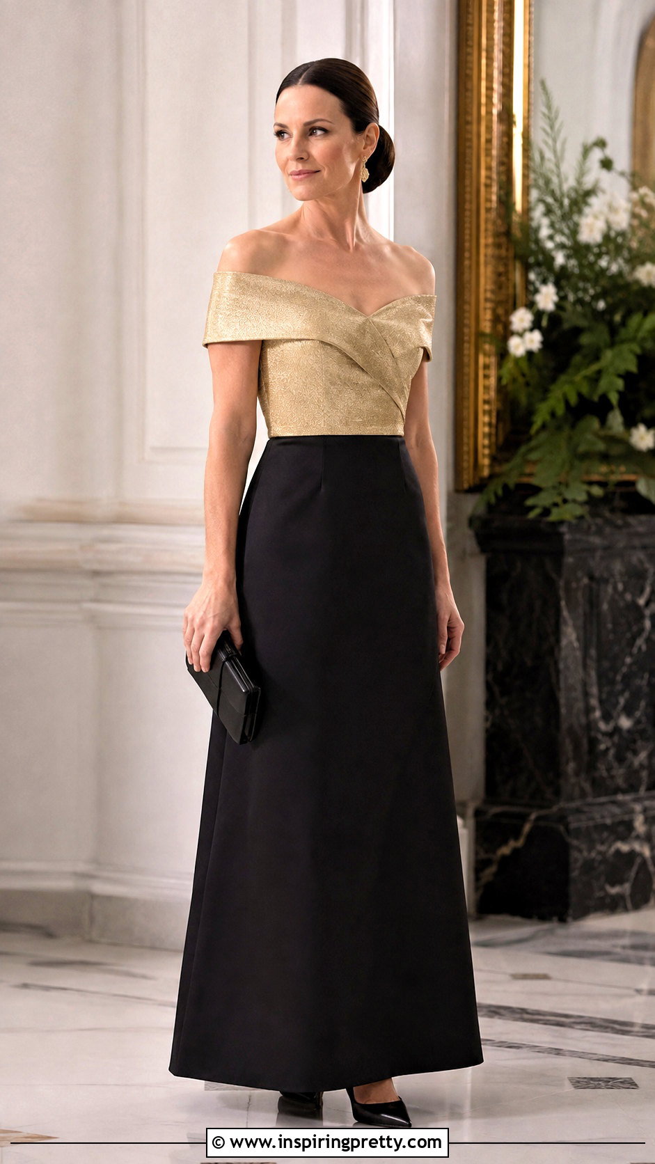 Gold Off Shoulder Top With Black Maxi Skirt - 25 Gold Formal Top outfit ideas