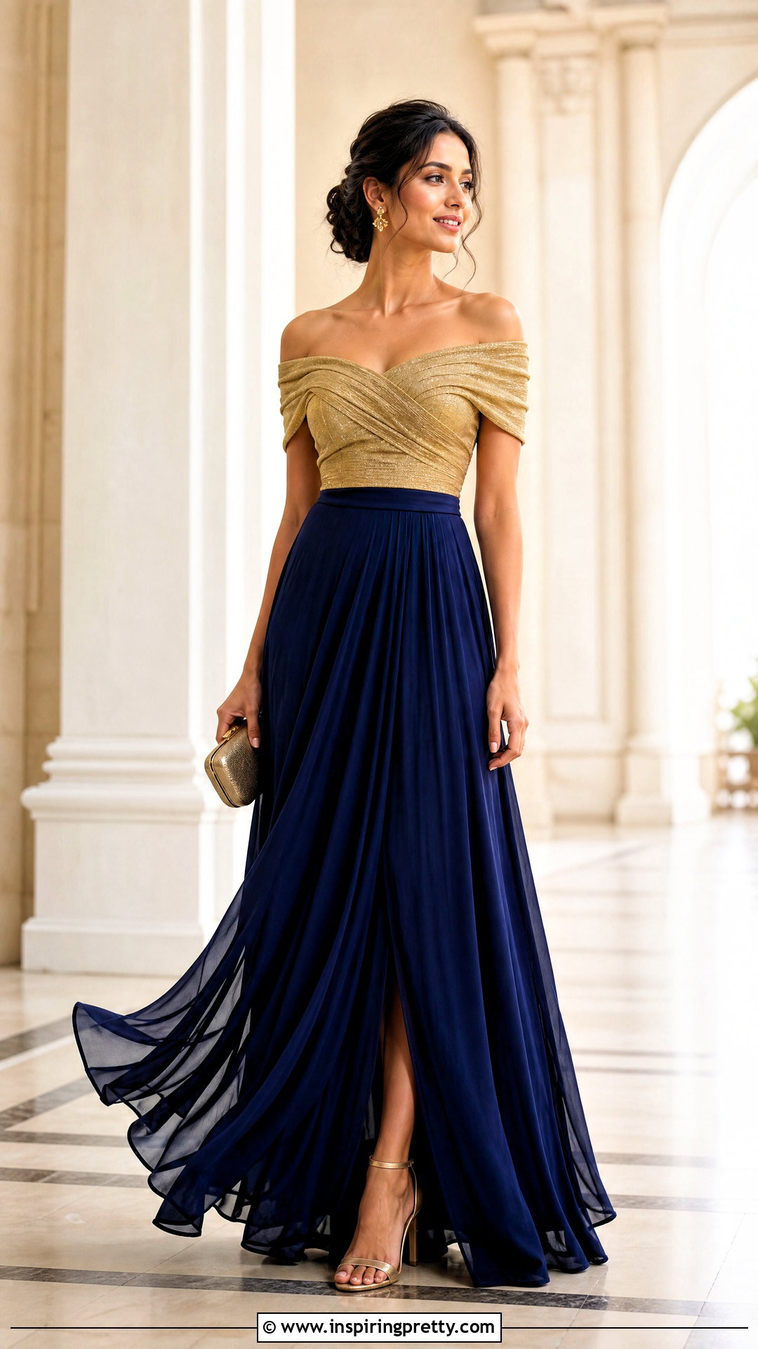 Gold Off Shoulder Top With Maxi Skirt - 50 gold top outfit ideas