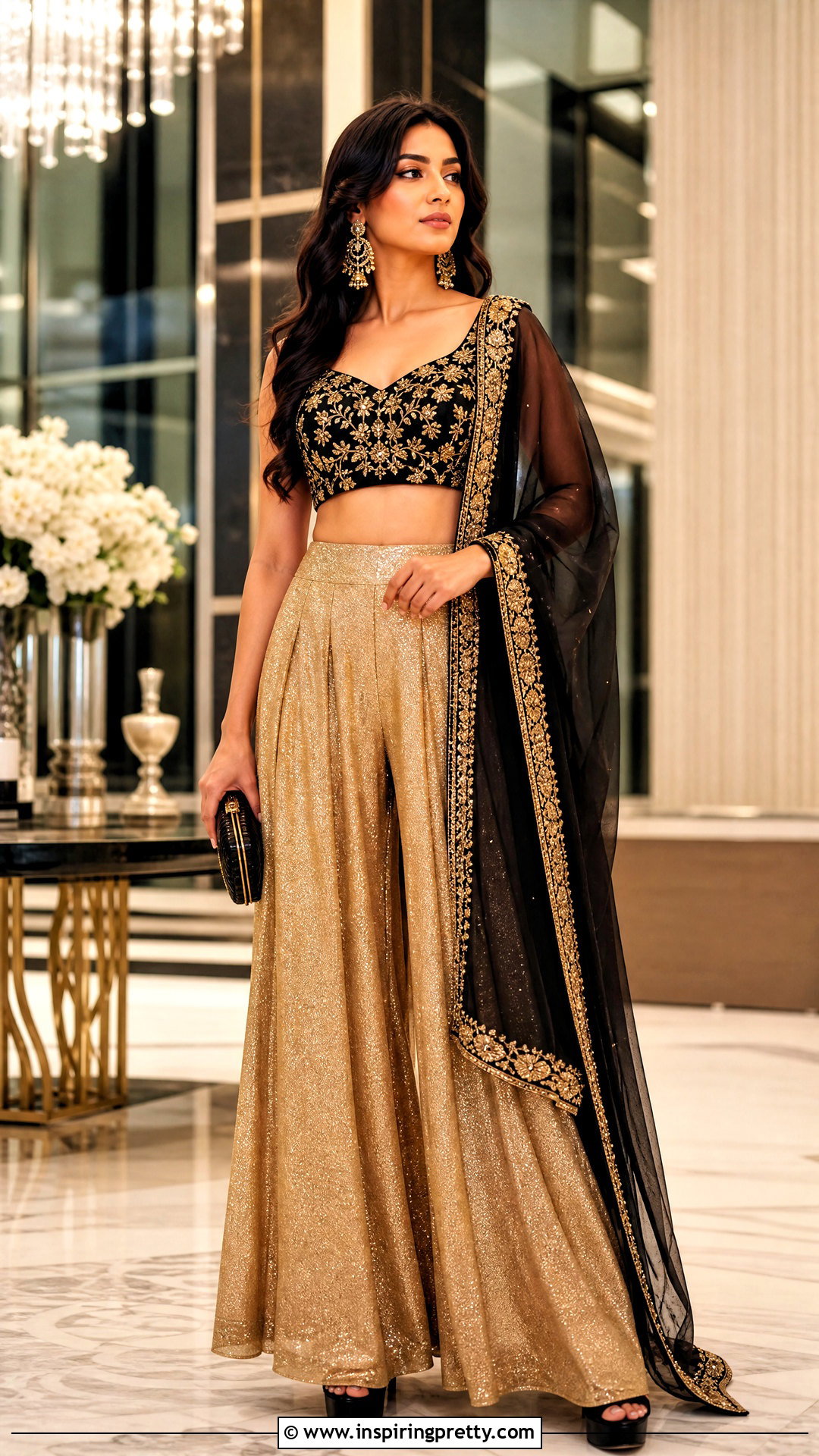 Gold Palazzo With Black Crop Top And Dupatta - 20 plazzo with crop top and dupatta outfit ideas