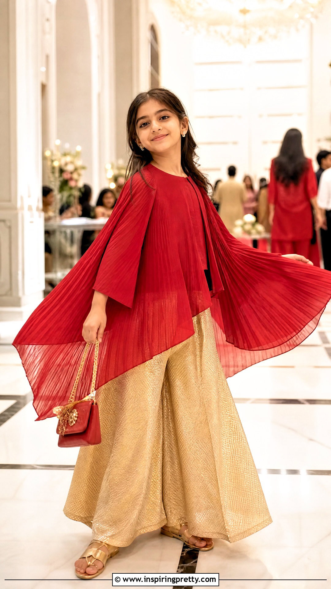 Gold Palazzo With Red Cape Top - 50 kids plazo with tops