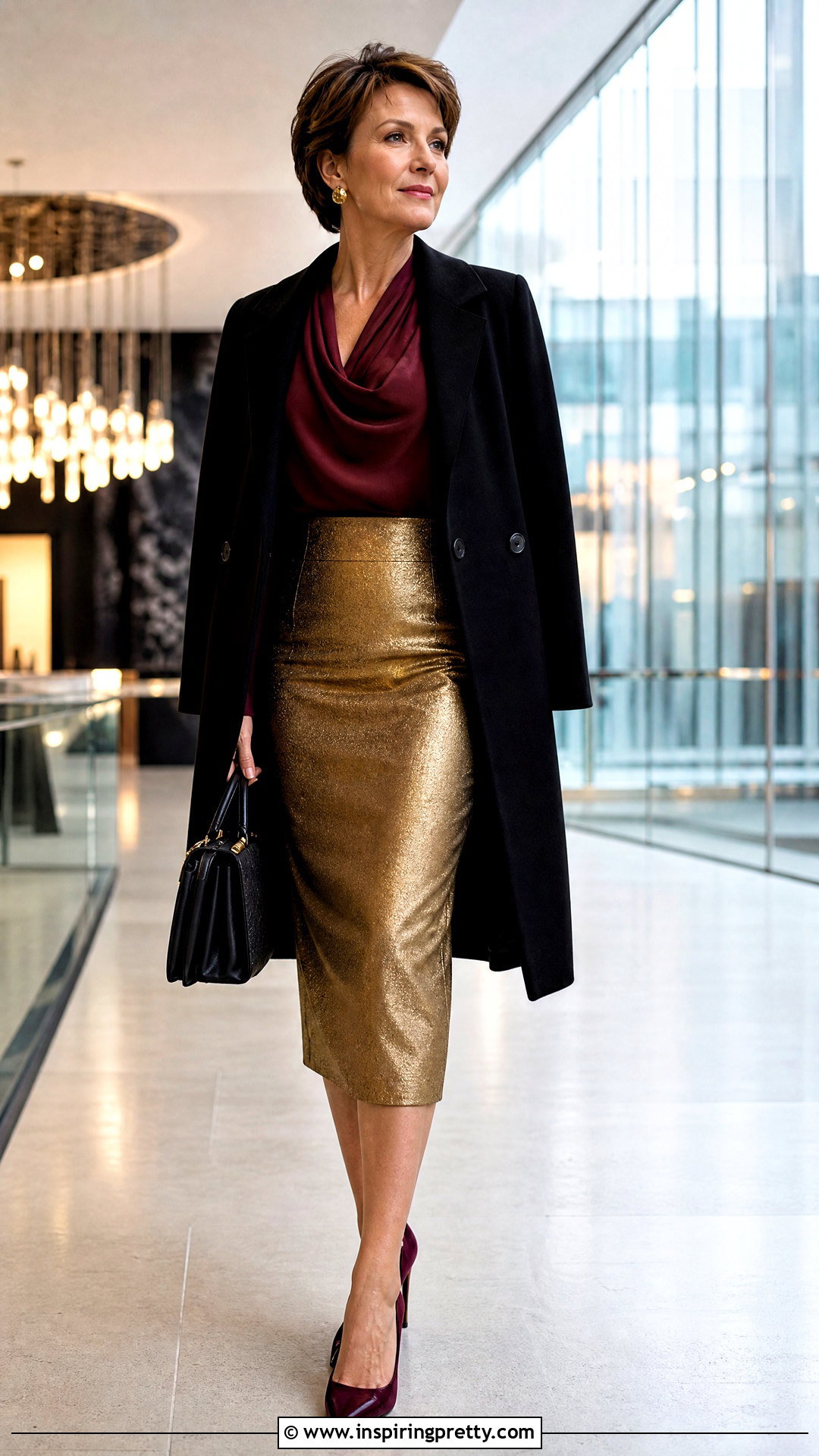 Gold Pencil Skirt And Burgundy Blouse Outfit - 25 top gold outfit date ideas