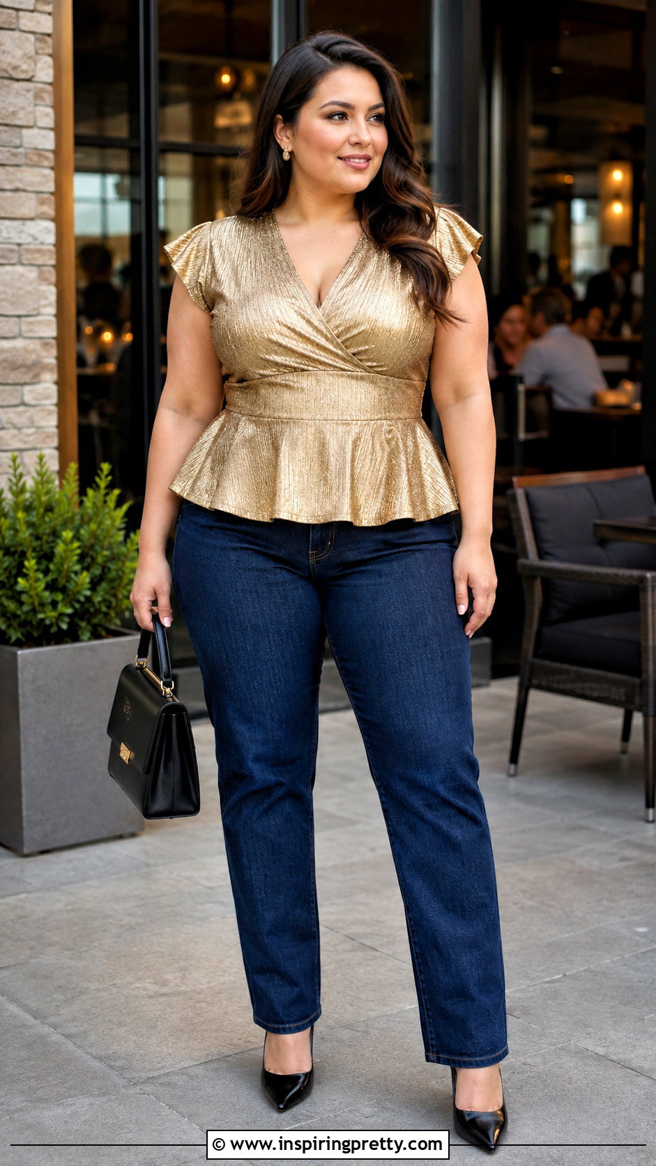 Gold Peplum Top With Dark Jeans - 25 gold dress top outfit ideas