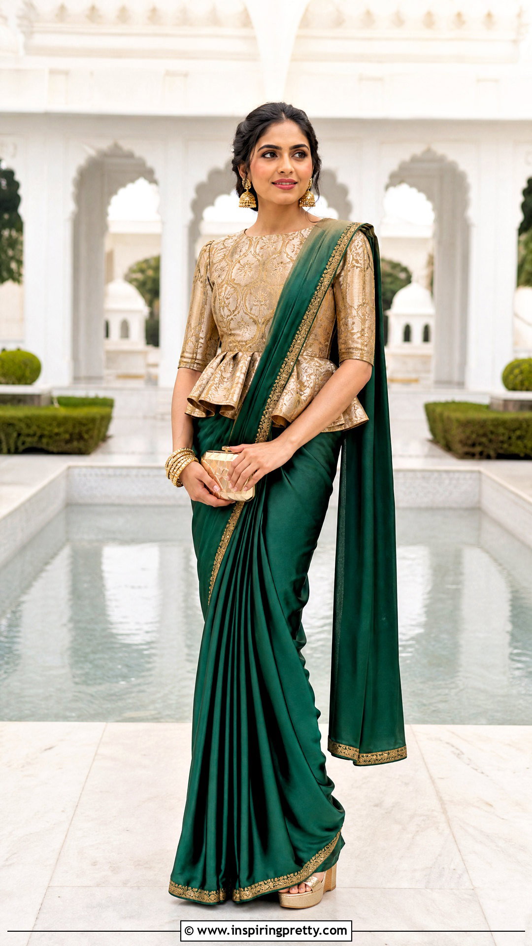 Gold Peplum Top With Green Silk Saree - 20 peplum top with saree outfit ideas