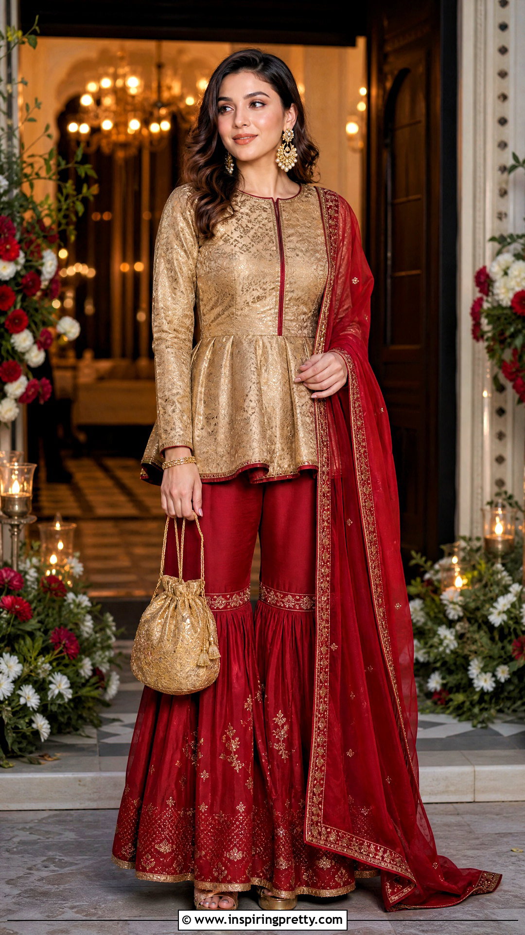 Gold Peplum Top With Red Sharara - 50 peplum top with sharara outfit ideas