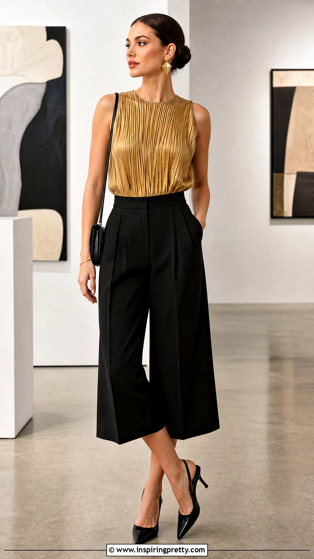 Gold Pleated Top With Black Culottes - 50 gold tops designs