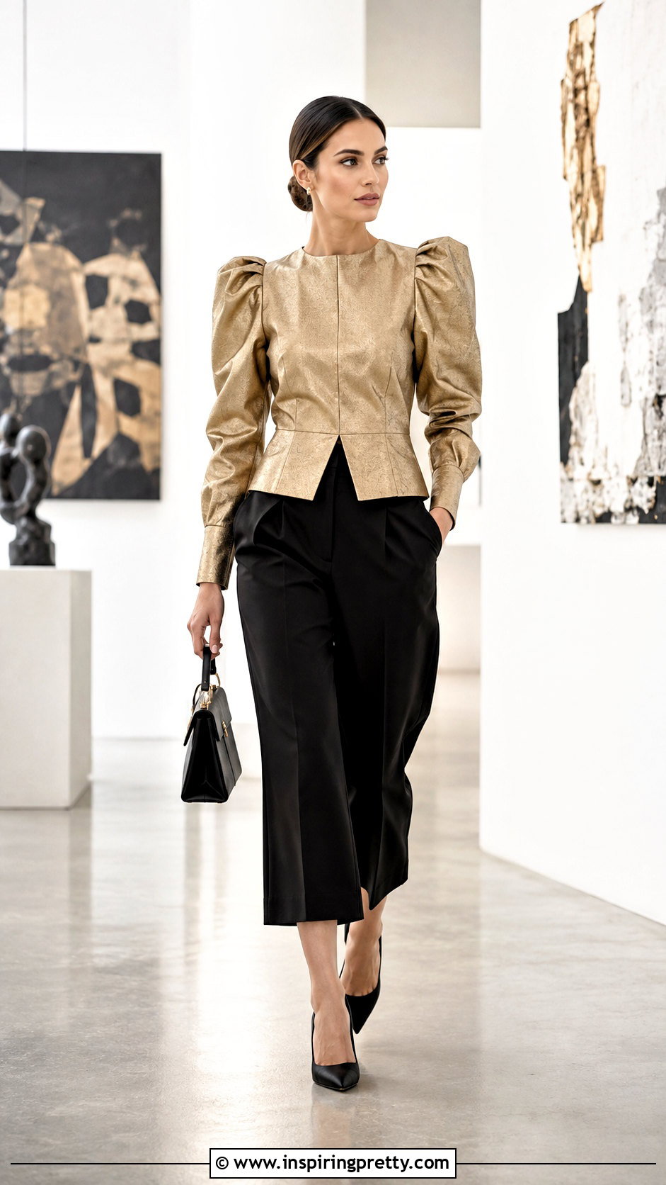 Gold Puff Sleeve Top With Black Culottes - 25 Gold Formal Top outfit ideas
