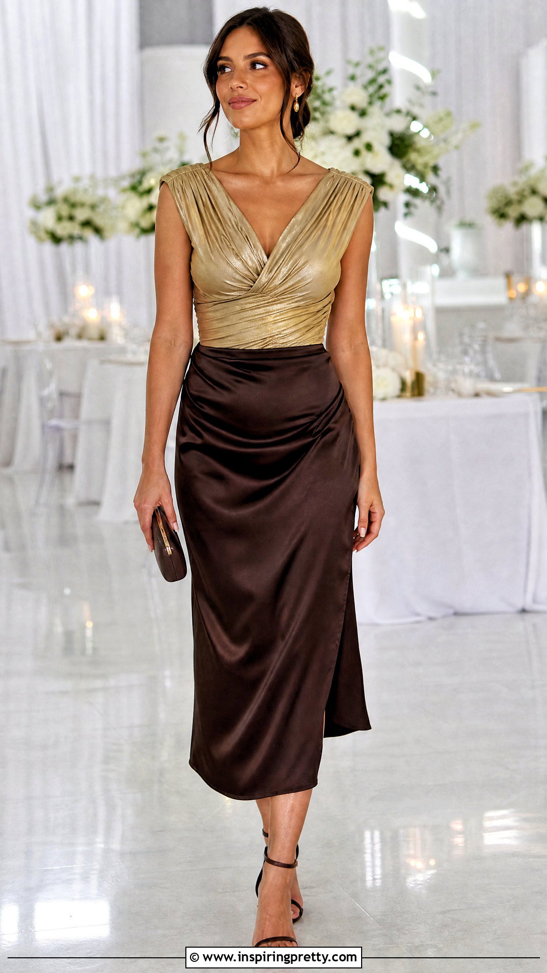 Gold Ruched Top With Satin Skirt - 50 gold tops designs