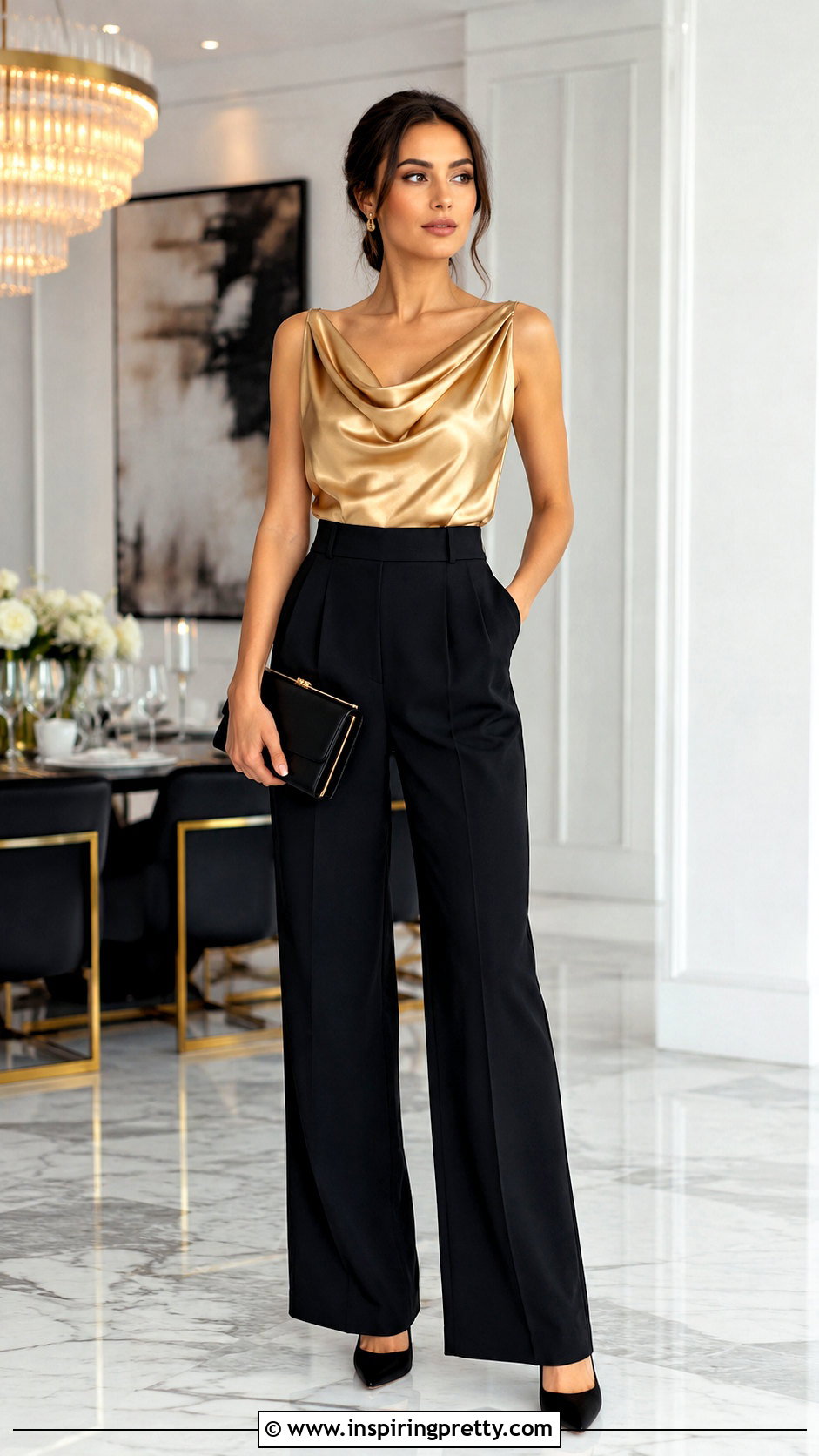 Gold Satin Top With Black Wide Leg Pants - 25 Gold Formal Top outfit ideas