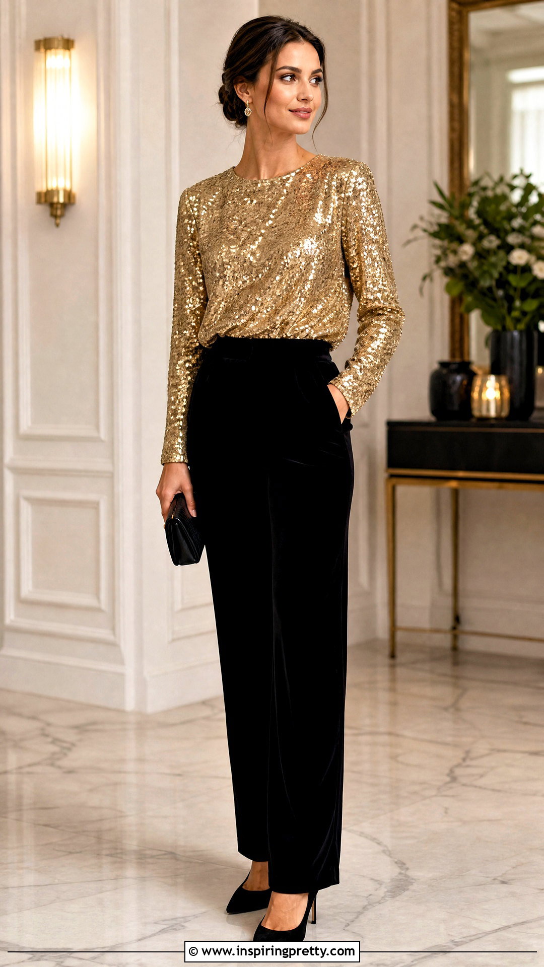 Gold Sequin Blouse With Black Velvet Pants - 25 Gold Sequin Top With Black Pants