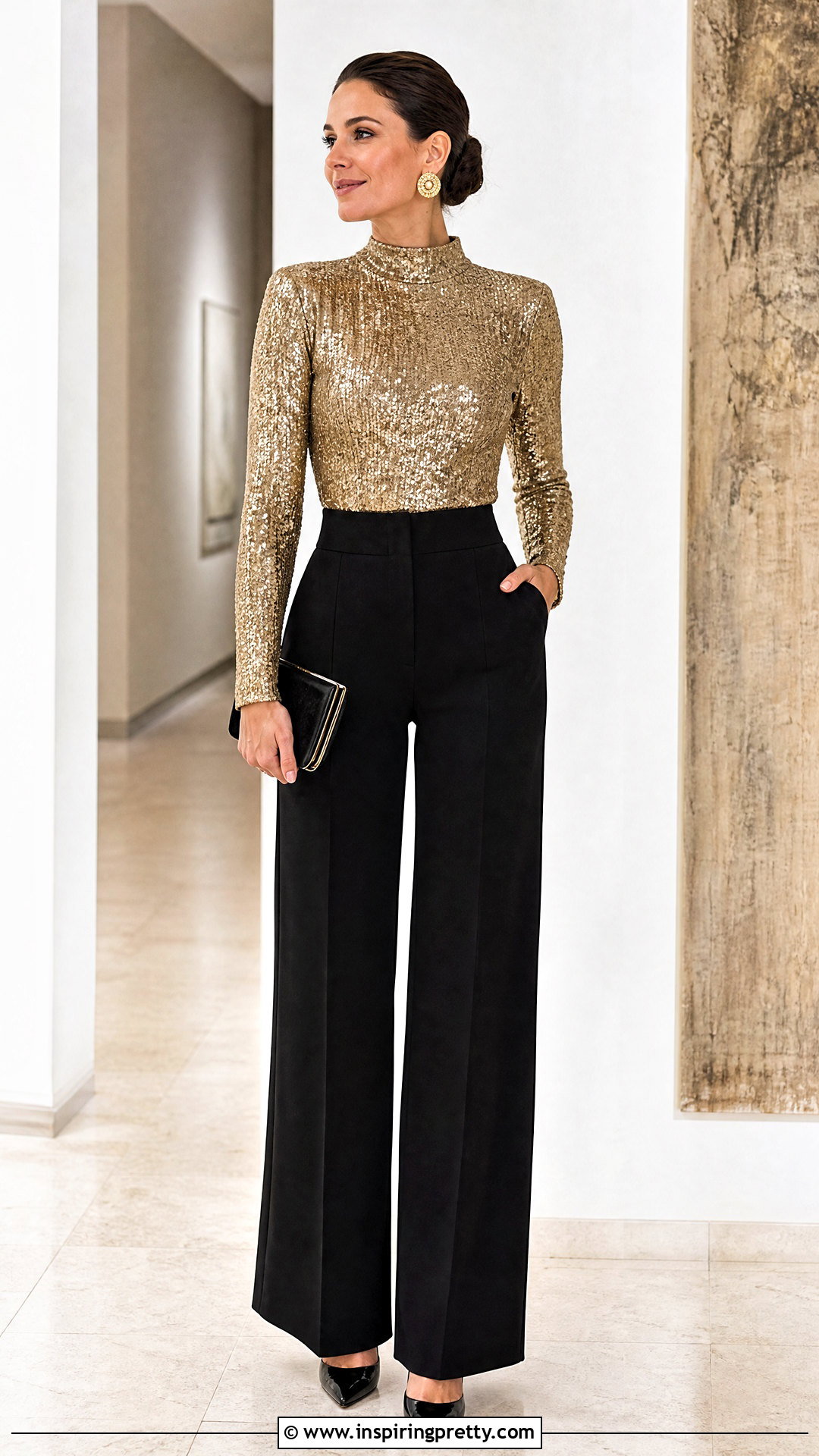 Gold Sequin Mock Neck Top With Black Pants - 25 Gold Sequin Top With Black Pants
