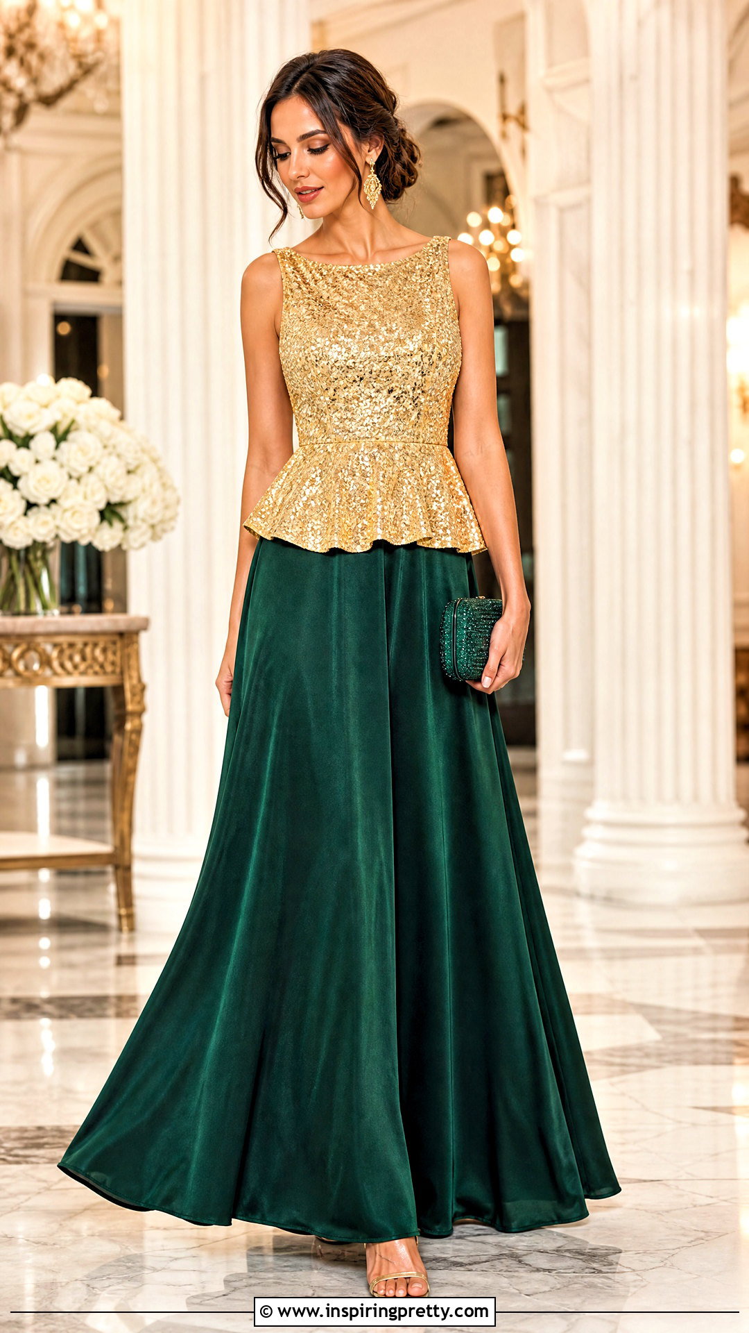 Gold Sequin Peplum Top With Emerald Maxi Skirt - 20 gold sequin peplum top outfit ideas