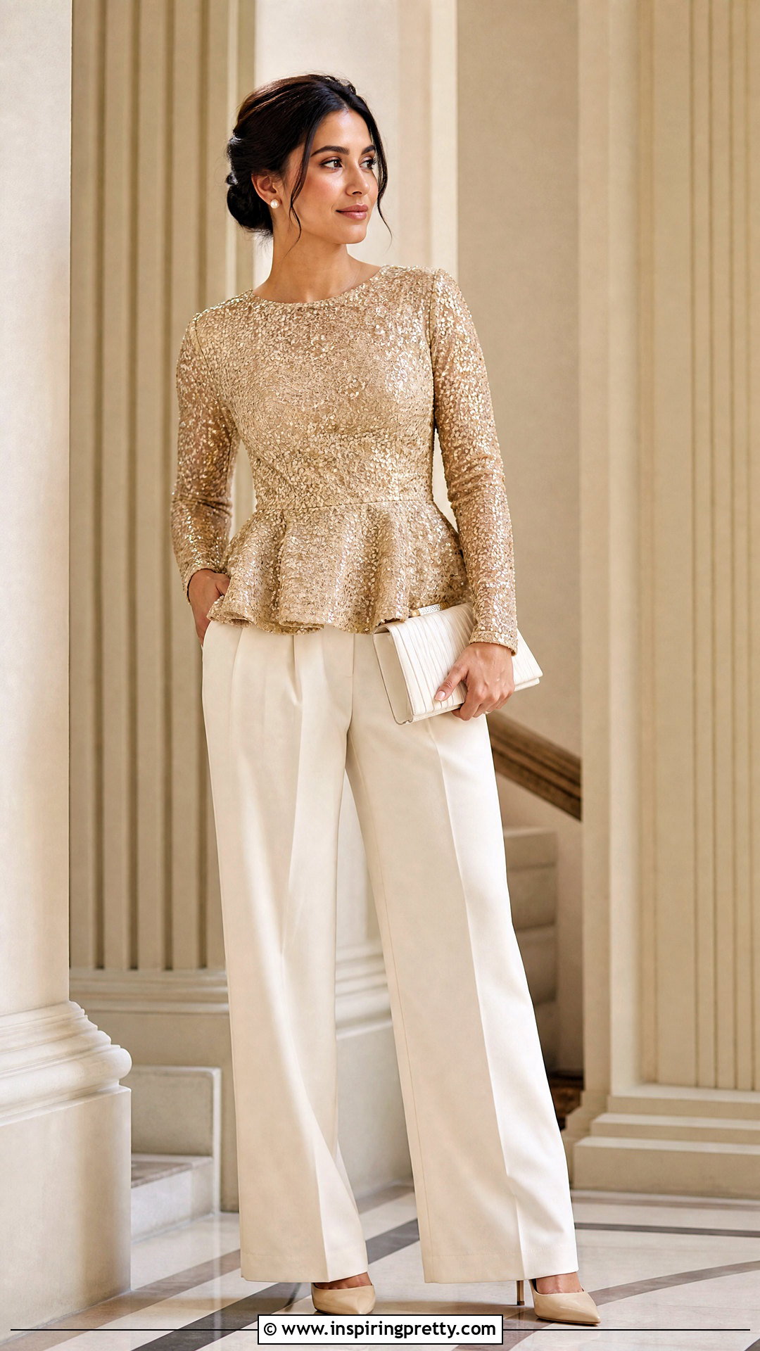 Gold Sequin Peplum Top With Ivory Trousers - 20 gold sequin peplum top outfit ideas
