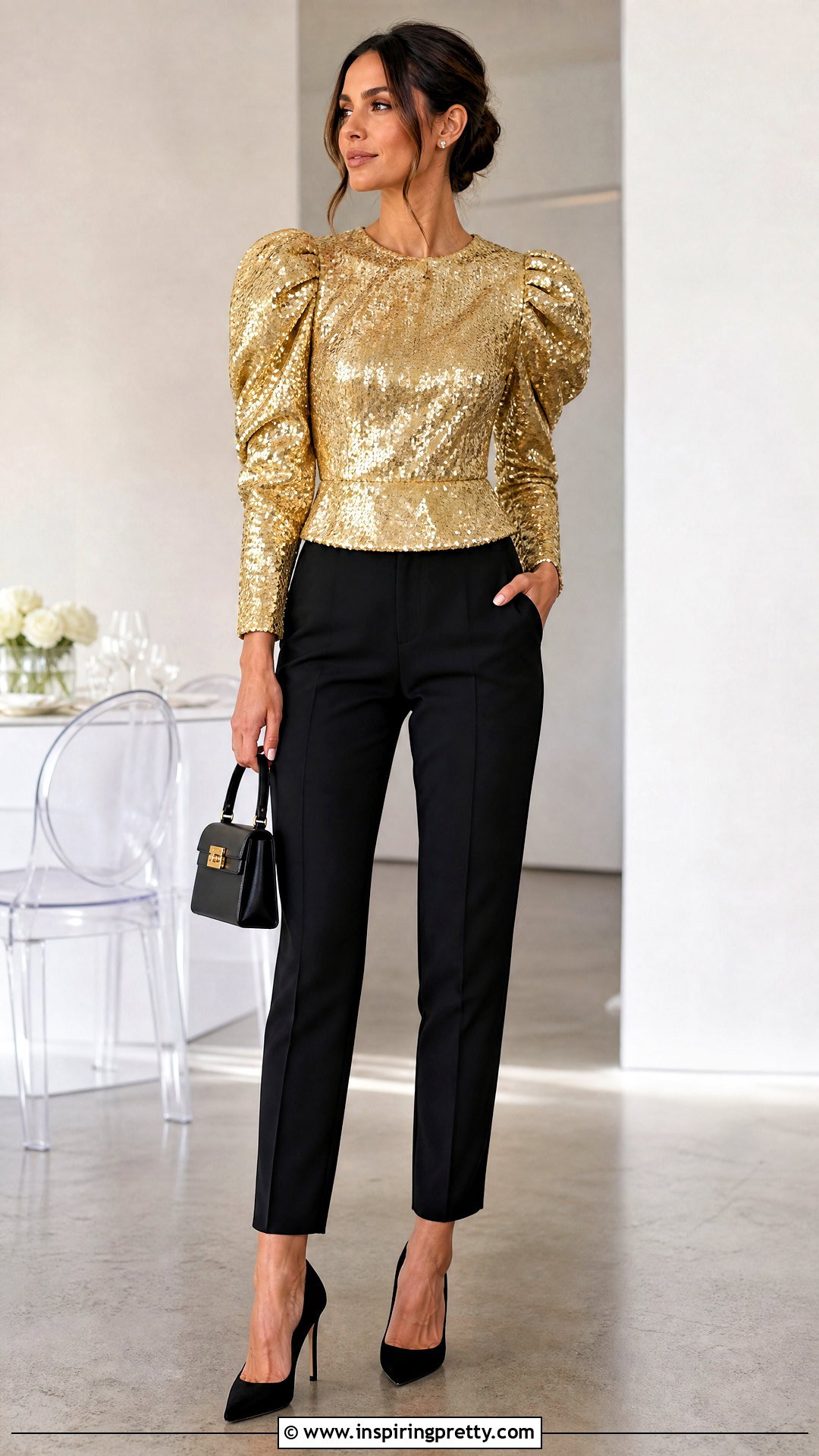 Gold Sequin Puff Sleeve Top With Black Pants - 25 Gold Sequin Top With Black Pants