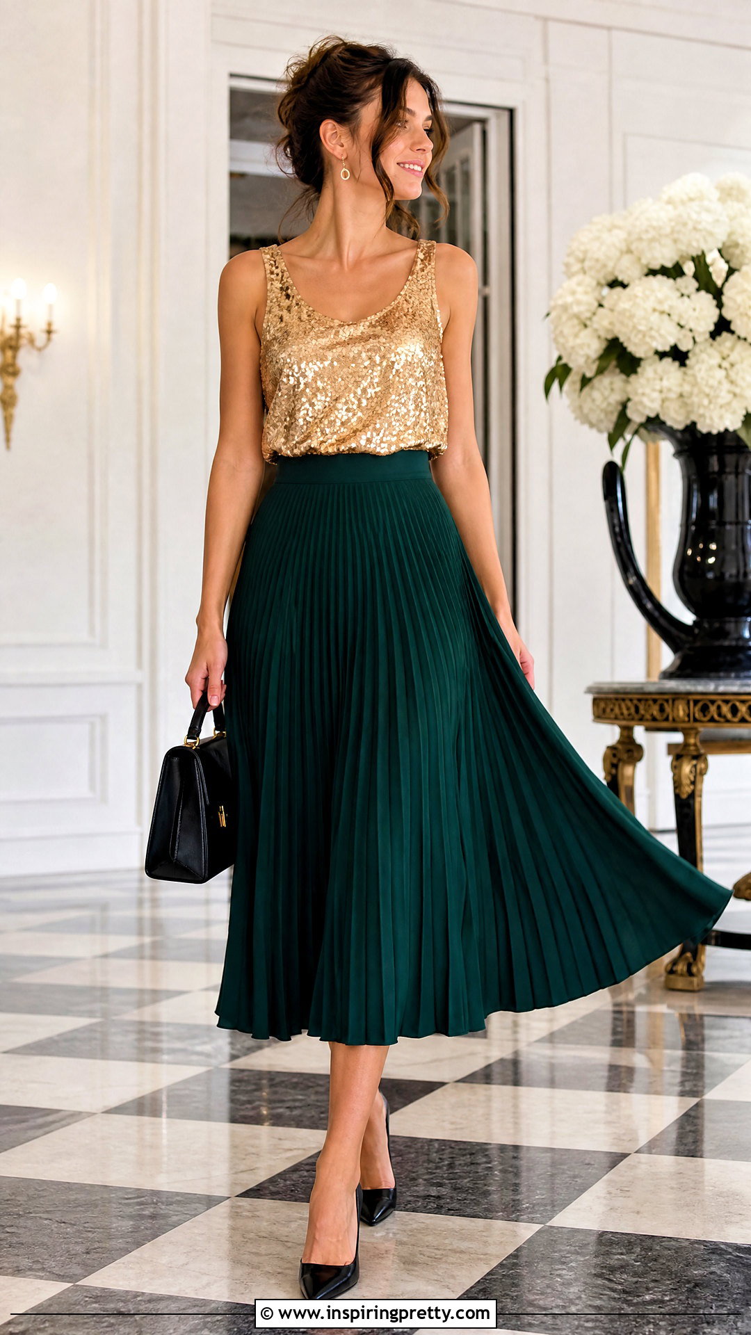 Gold Sequin Tank With Pleated Midi Skirt - 50 Sequin Top outfit ideas