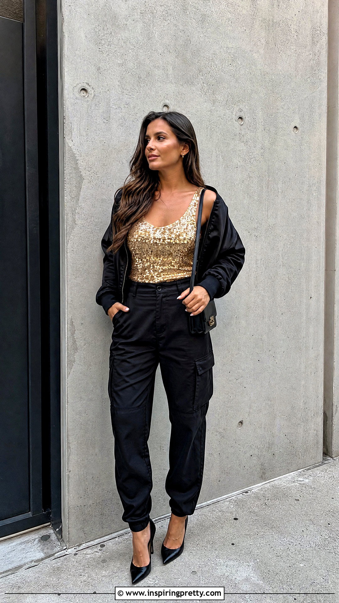 Gold Sequin Top With Black Cargo Pants - 20 Sparkly Gold Sequin Top outfit ideas