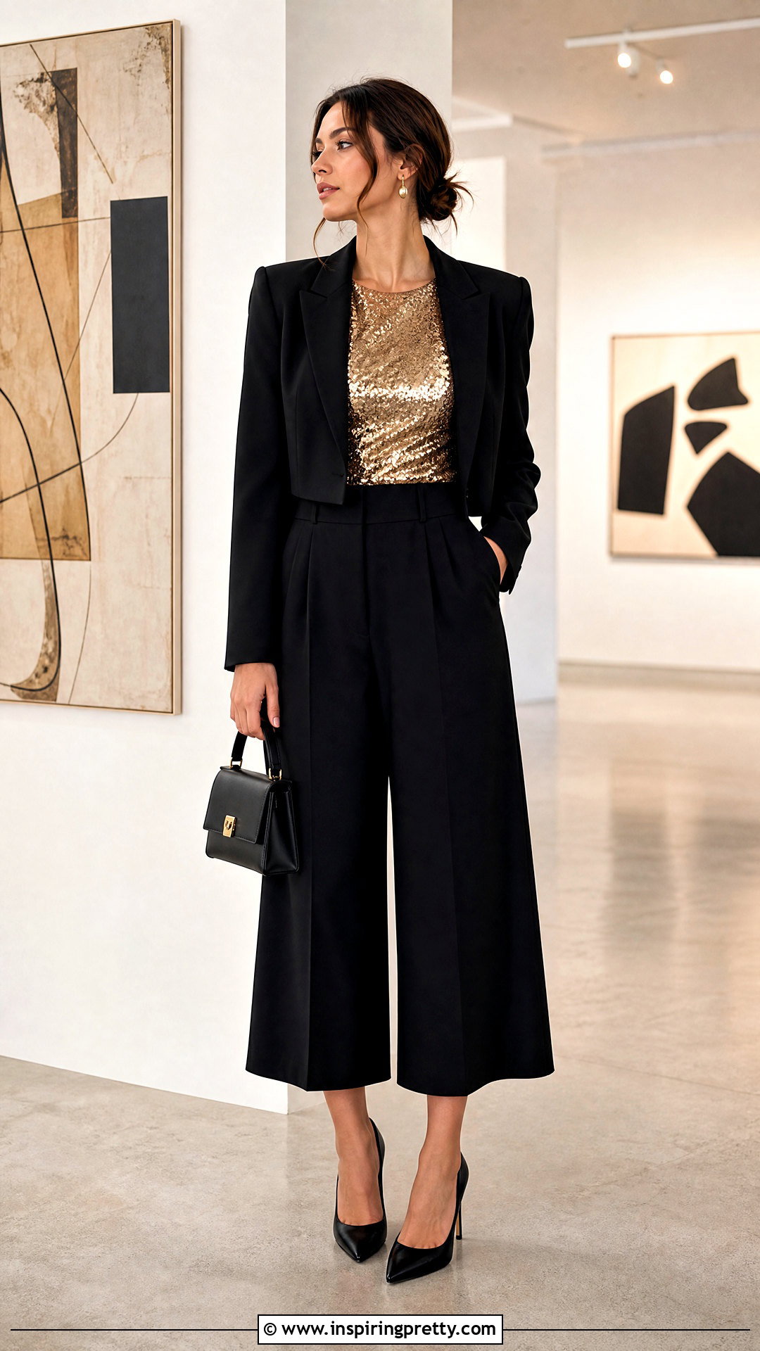 Gold Sequin Top With Black Culottes - 20 gold sequin top zara ideas