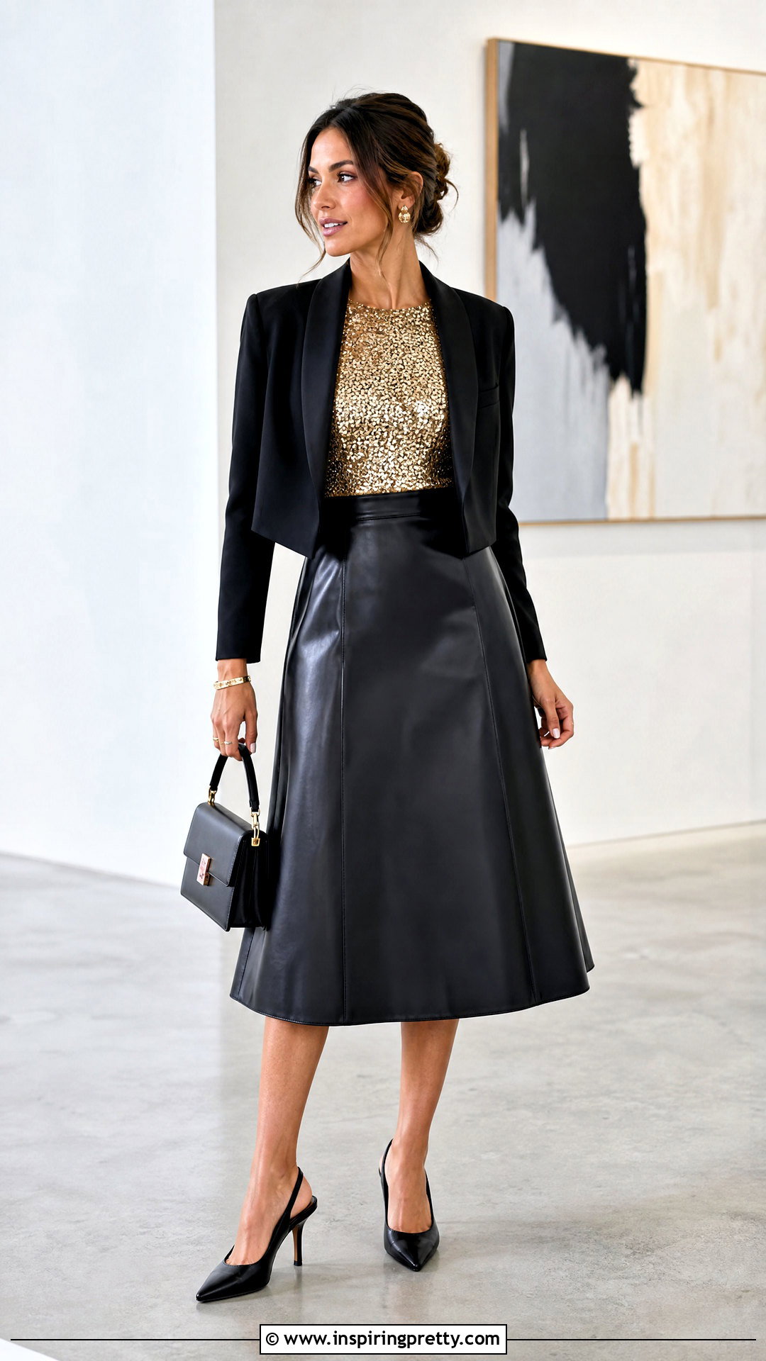 Gold Sequin Top With Black Faux Leather Skirt - 25 Gold Sequin Top Outfit Ideas