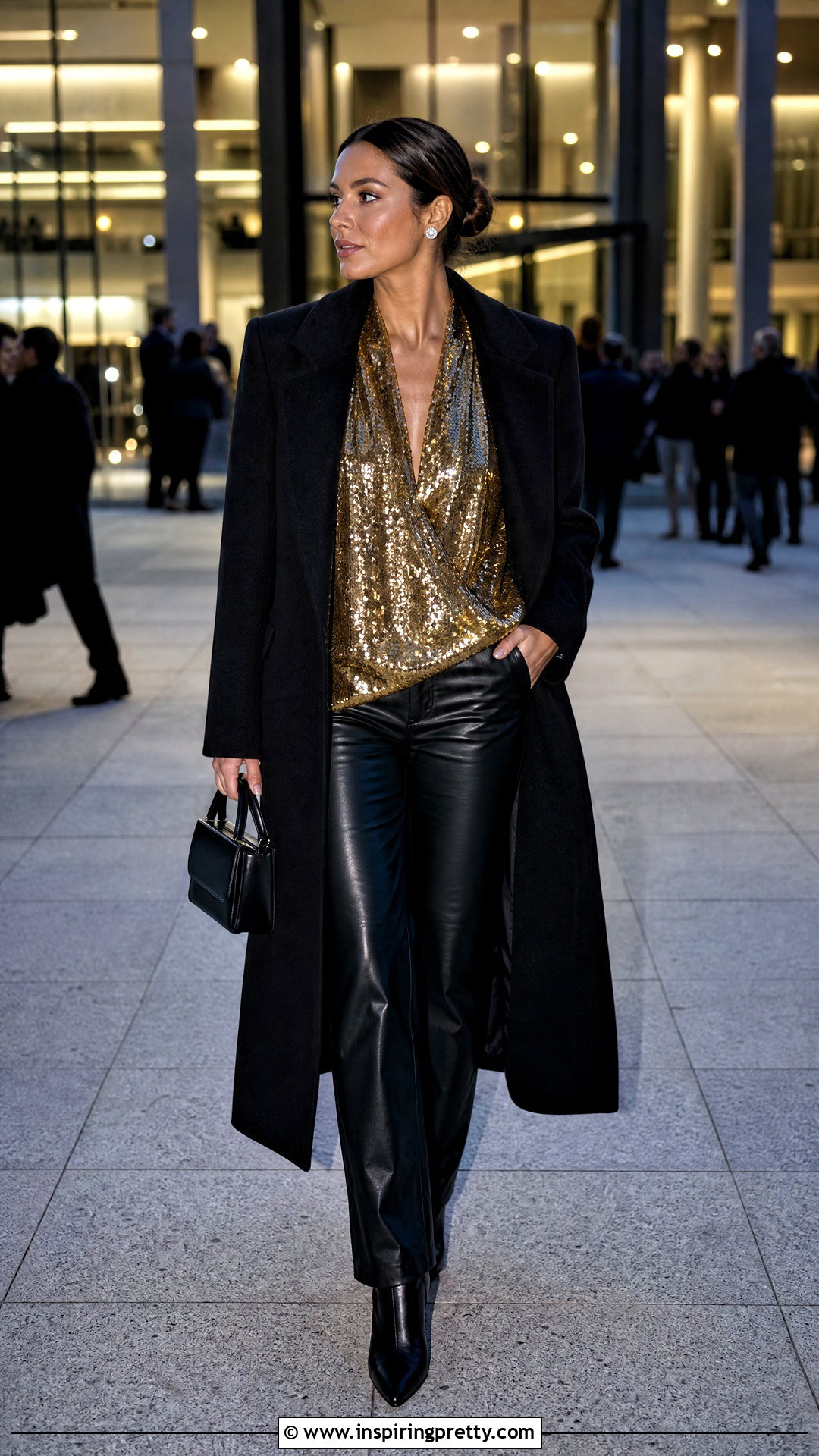 Gold Sequin Top With Black Leather Pants - 20 gold sequin top fashion ideas