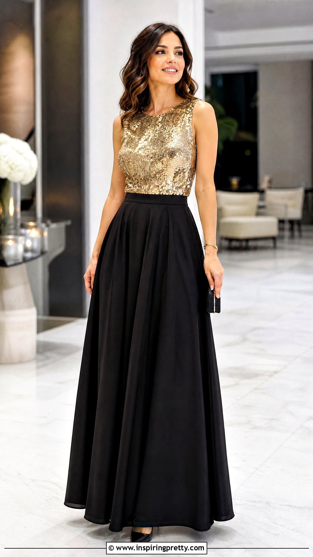 Gold Sequin Top With Black Maxi Skirt - 20 Sparkly Gold Sequin Top outfit ideas