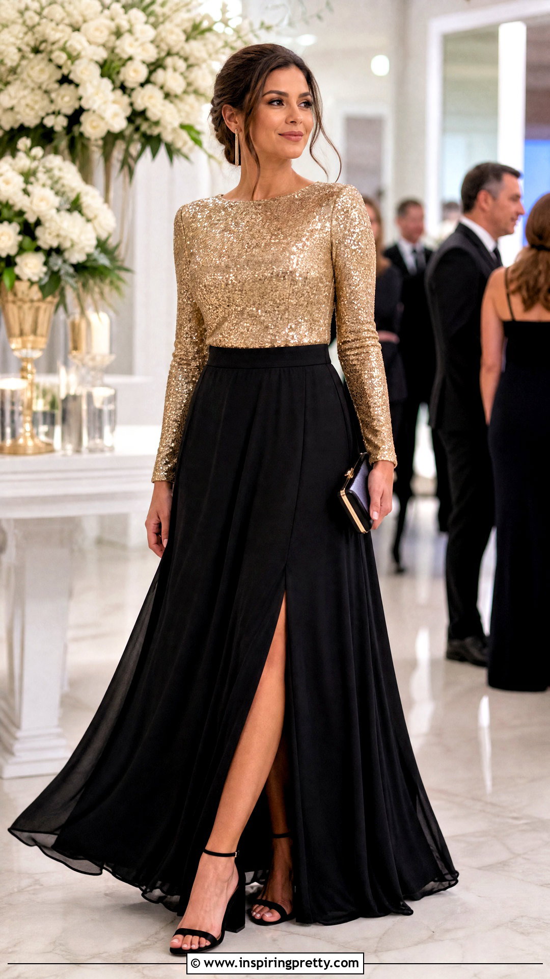Gold Sequin Top With Black Maxi Skirt - 25 Gold Sequin Top Outfit Ideas