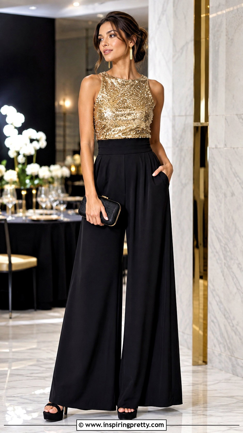 Gold Sequin Top With Black Palazzo Pants - what to wear with gold sequin top (25 ways)