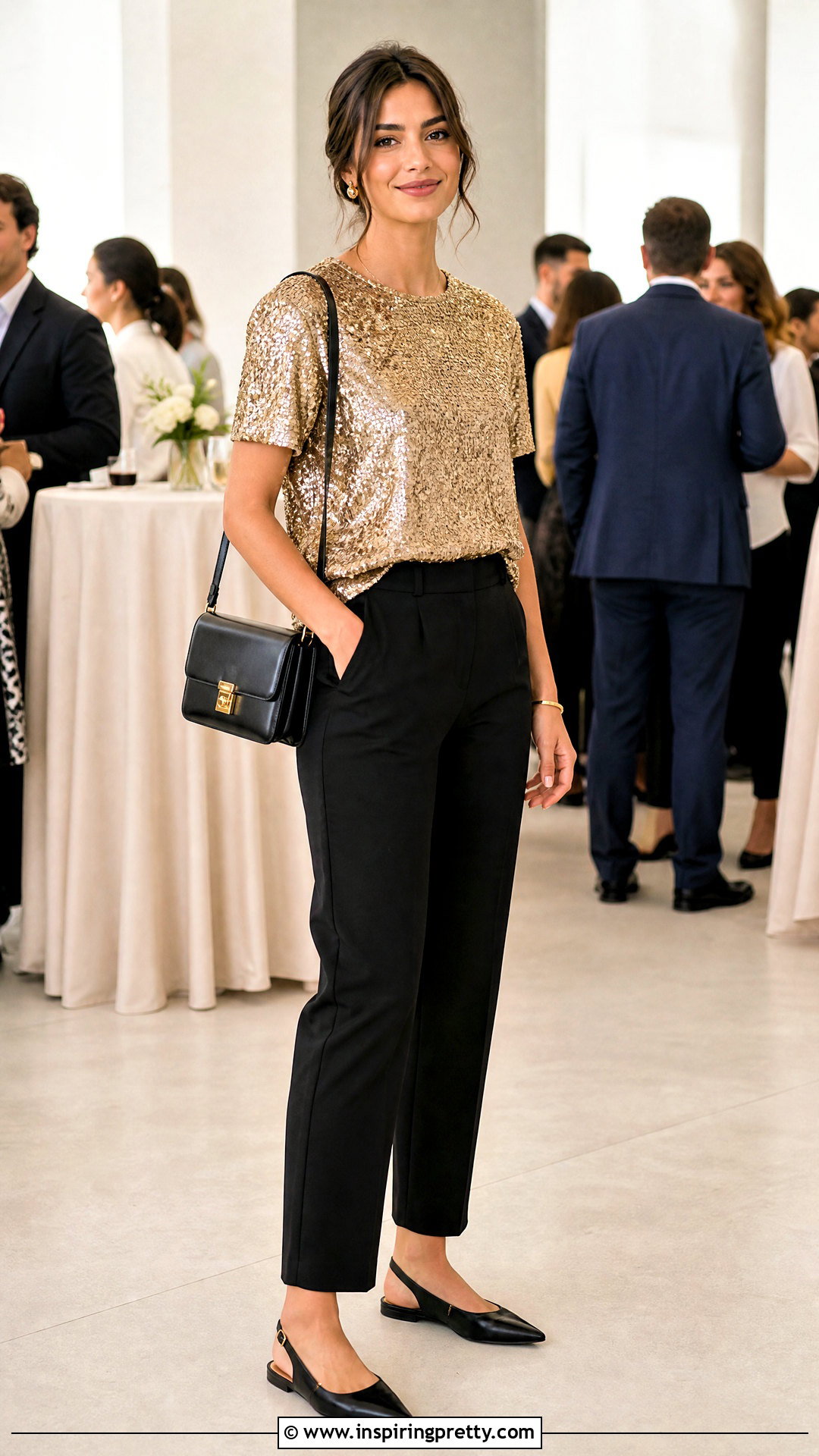 Gold Sequin Top With Black Pants And Flat Shoes - 25 Gold Sequin Top With Black Pants