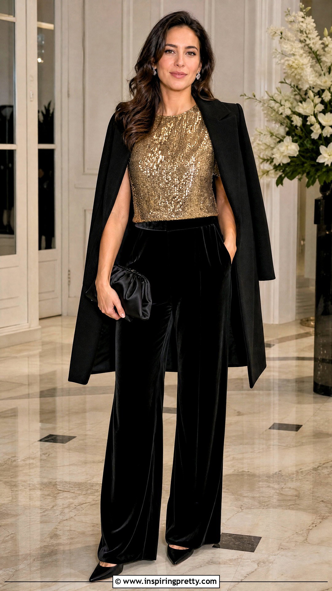 Gold Sequin Top With Black Velvet Pants - 20 gold sequin top fashion ideas