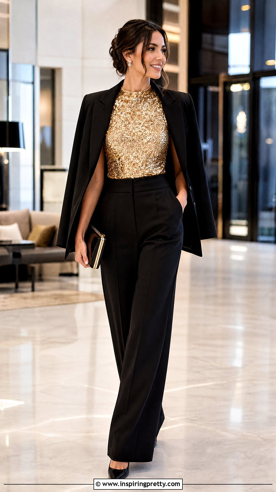 Gold Sequin Top With Black Wide Leg Pants - 20 gold sequin top fashion ideas