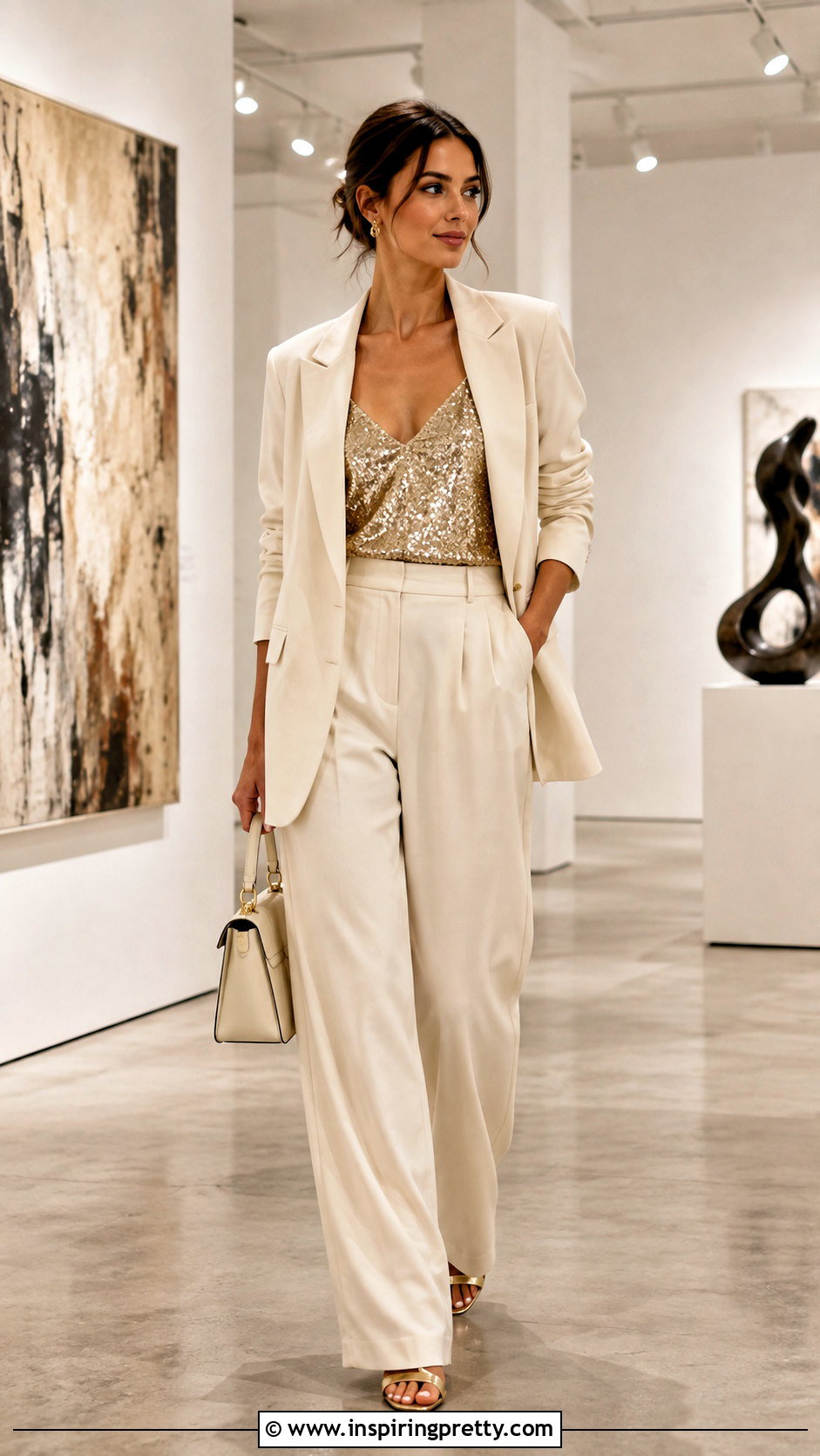 Gold Sequin Top With Cream Suit - what to wear with gold sequin top (25 ways)
