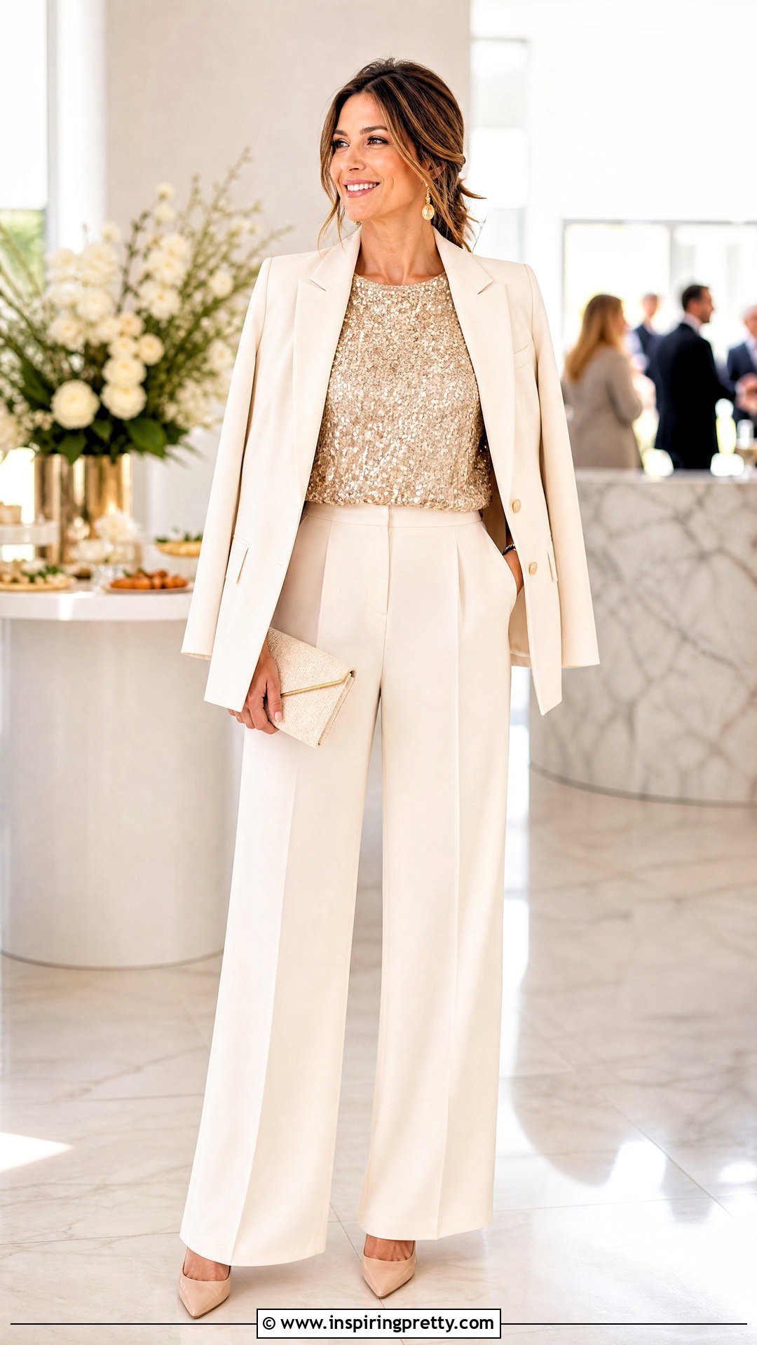 Gold Sequin Top With Cream Trousers - 25 Gold Sequin Top Outfit Ideas