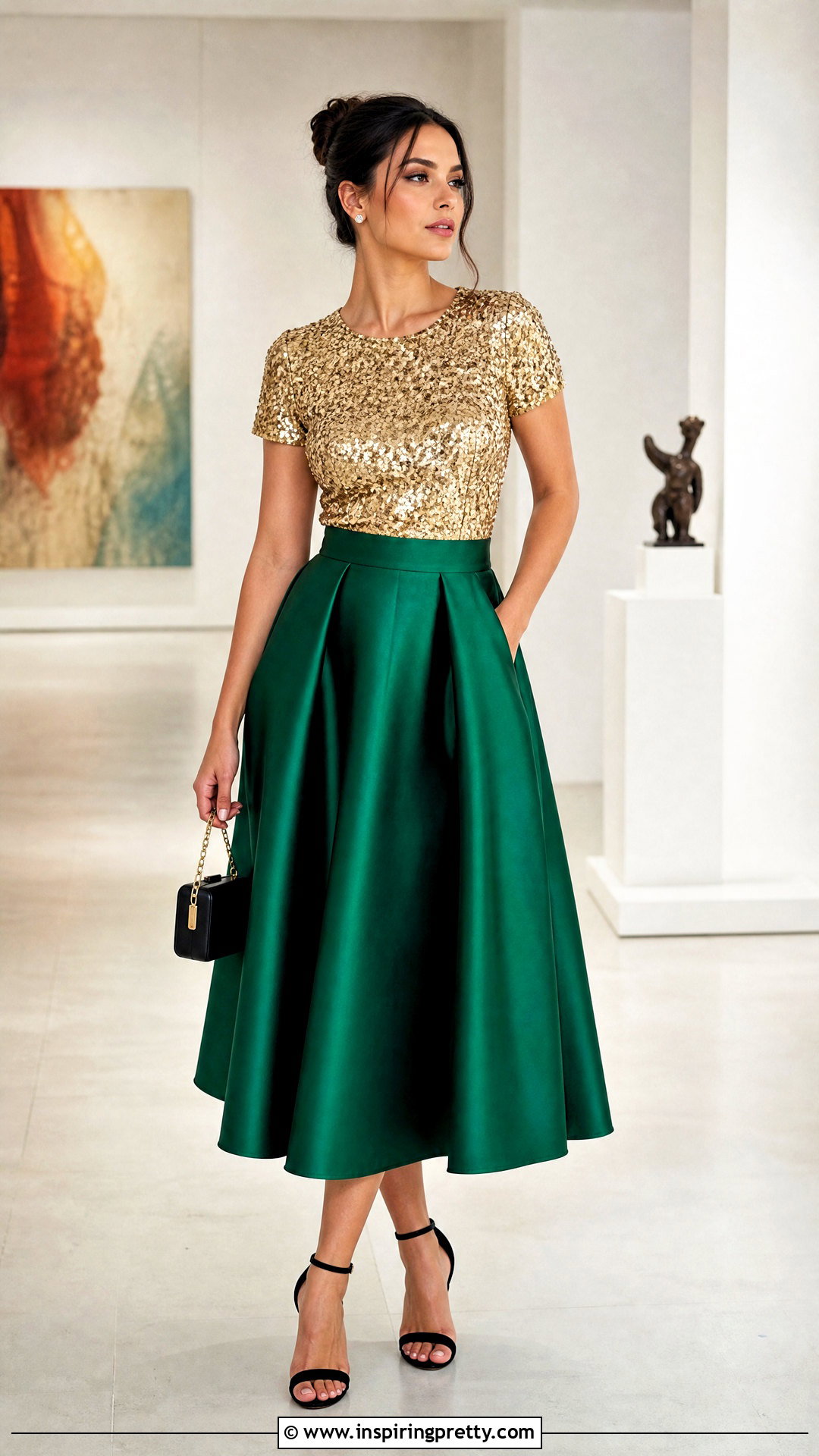Gold Sequin Top With Emerald Midi Skirt - 20 Sparkly Gold Sequin Top outfit ideas