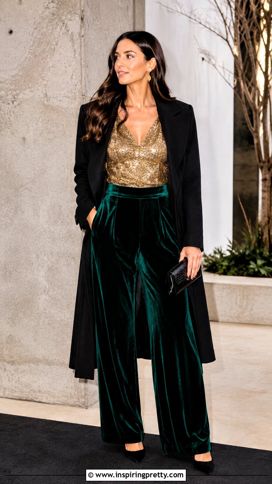 Gold Sequin Top With Emerald Velvet Pants - what to wear with gold sequin top (25 ways)