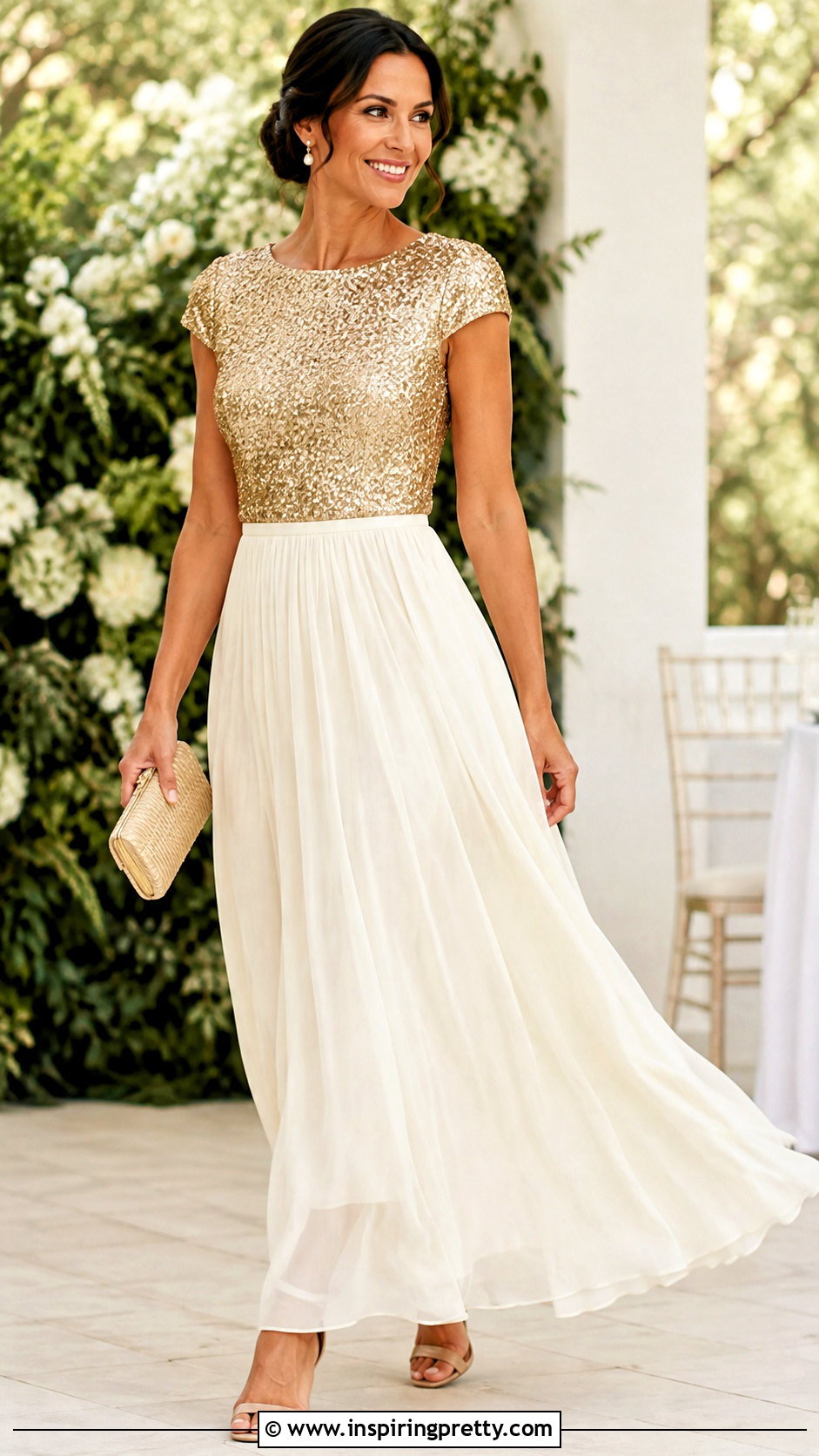 Gold Sequin Top With Ivory Maxi Skirt - what to wear with gold sequin top (25 ways)