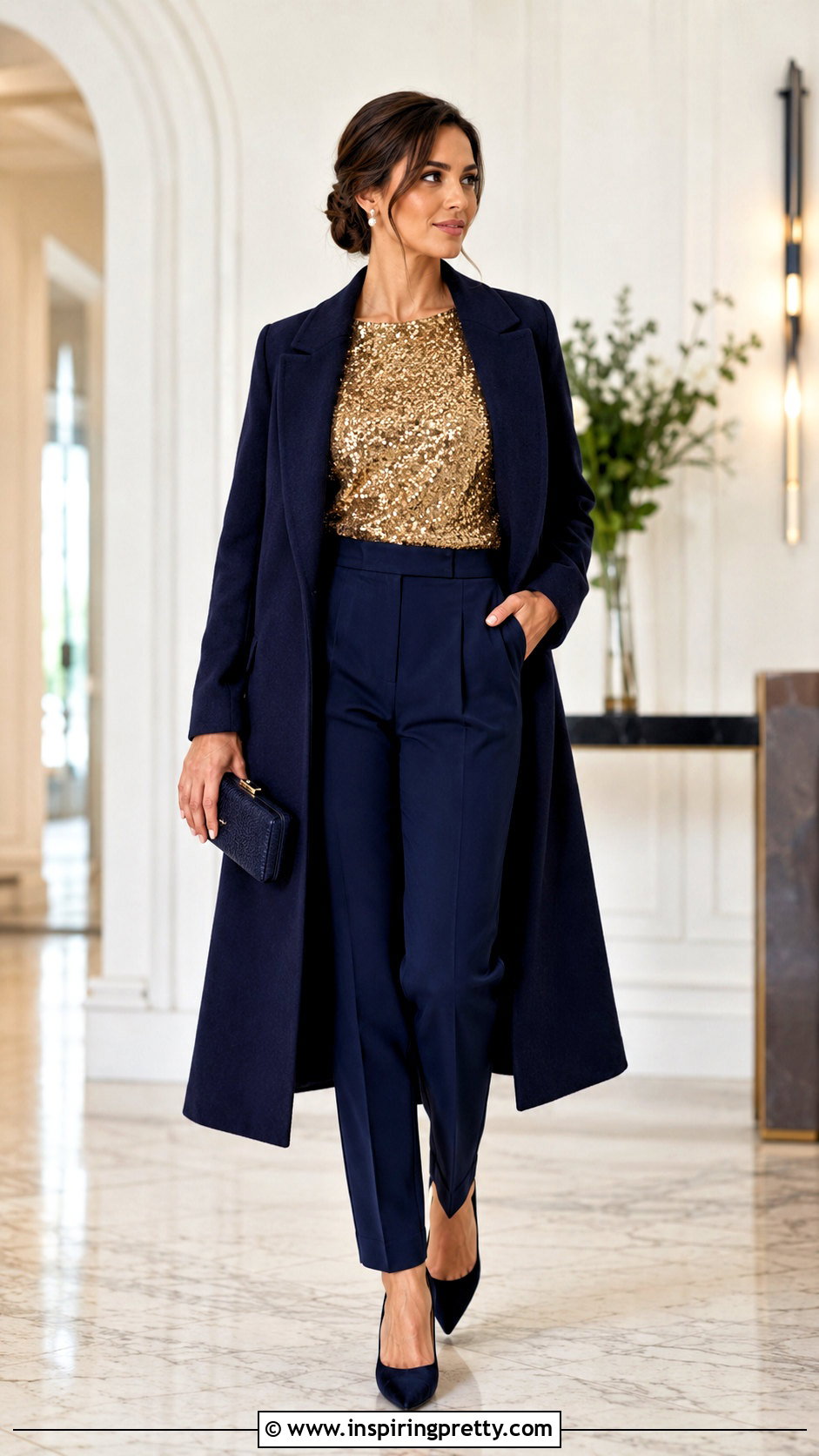 Gold Sequin Top With Navy Tailored Pants - what to wear with gold sequin top (25 ways)
