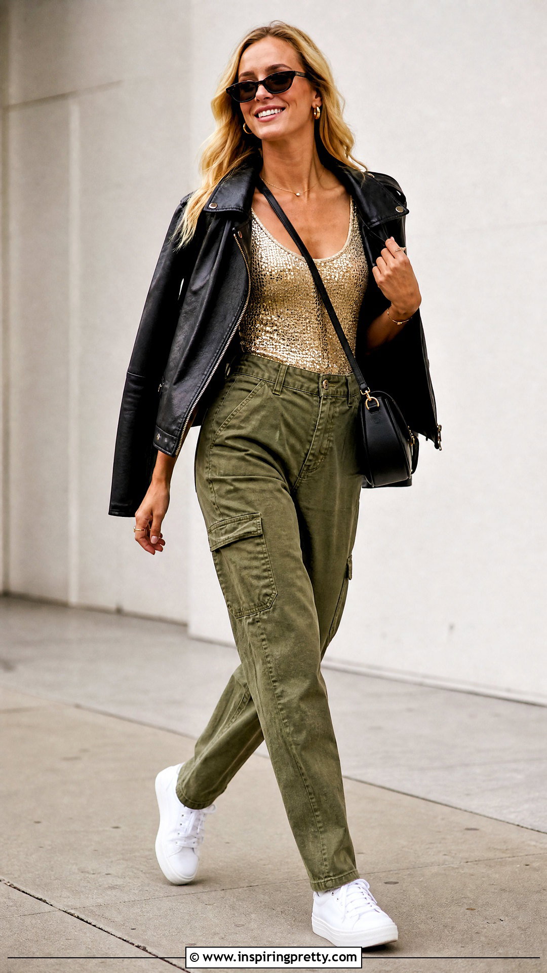 Gold Sequin Top With Olive Cargo Pants - 25 Gold Sequin Top Outfit Ideas