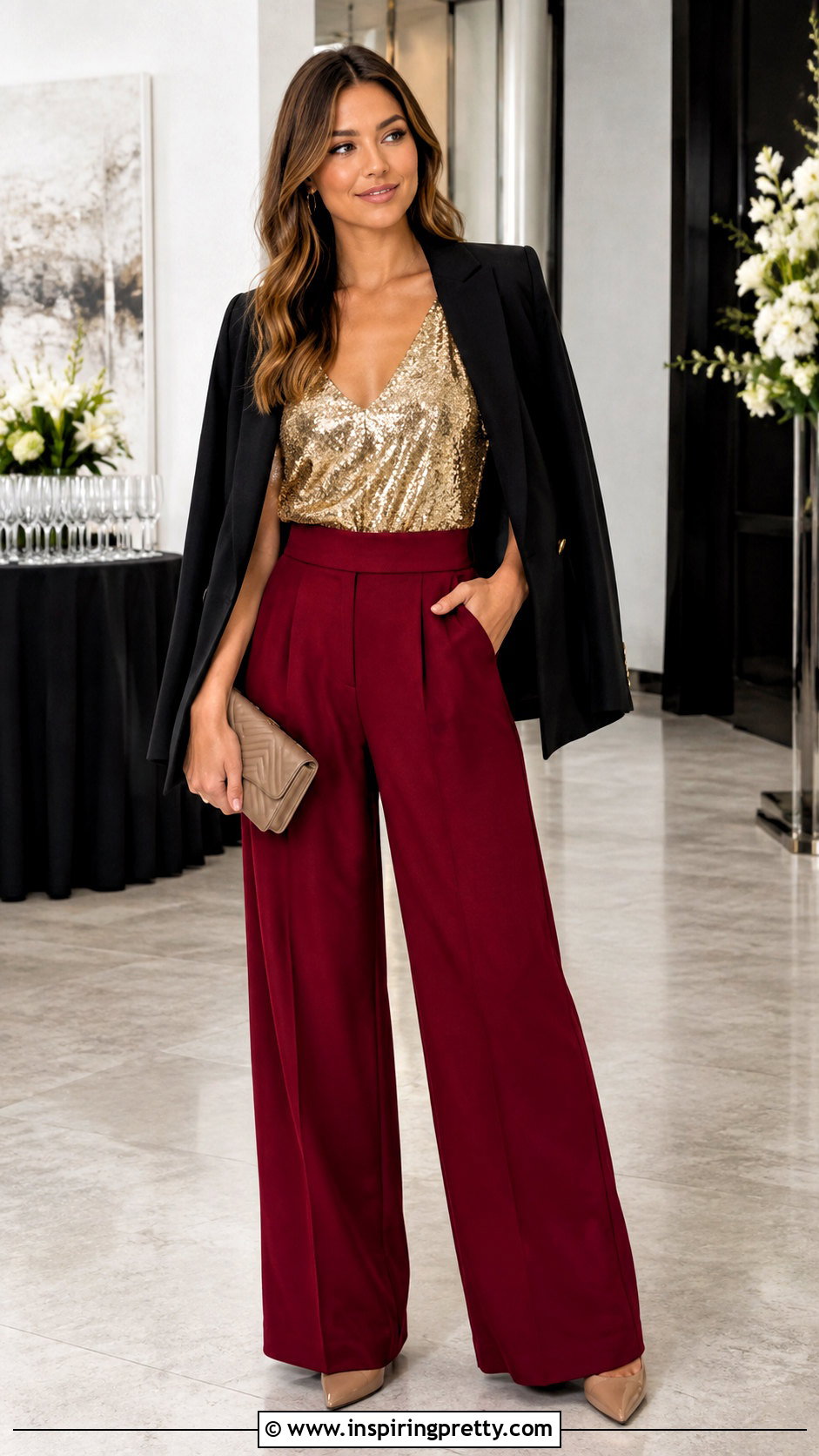 Gold Sequin Top With Red Wide Leg Pants - what to wear with gold sequin top (25 ways)